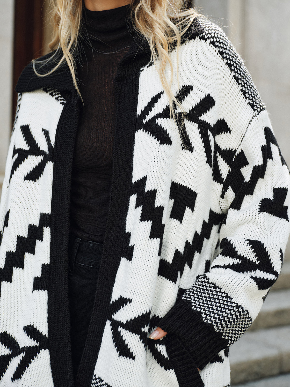 Geometric Pattern Collared Knit Cardigan without Belt