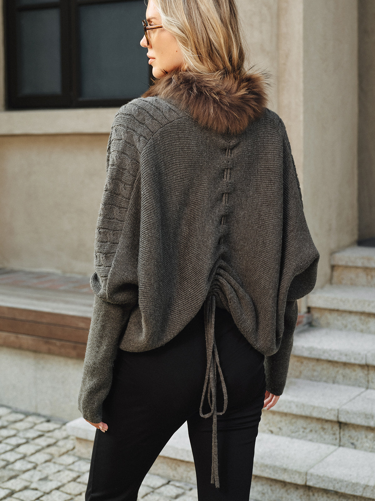 Faux Fur Collar Wool Blend Knit Outerwear