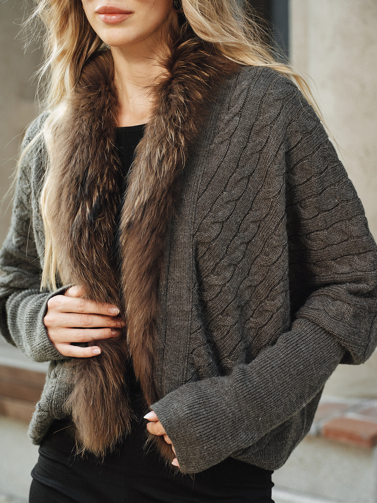 Faux Fur Collar Wool Blend Knit Outerwear