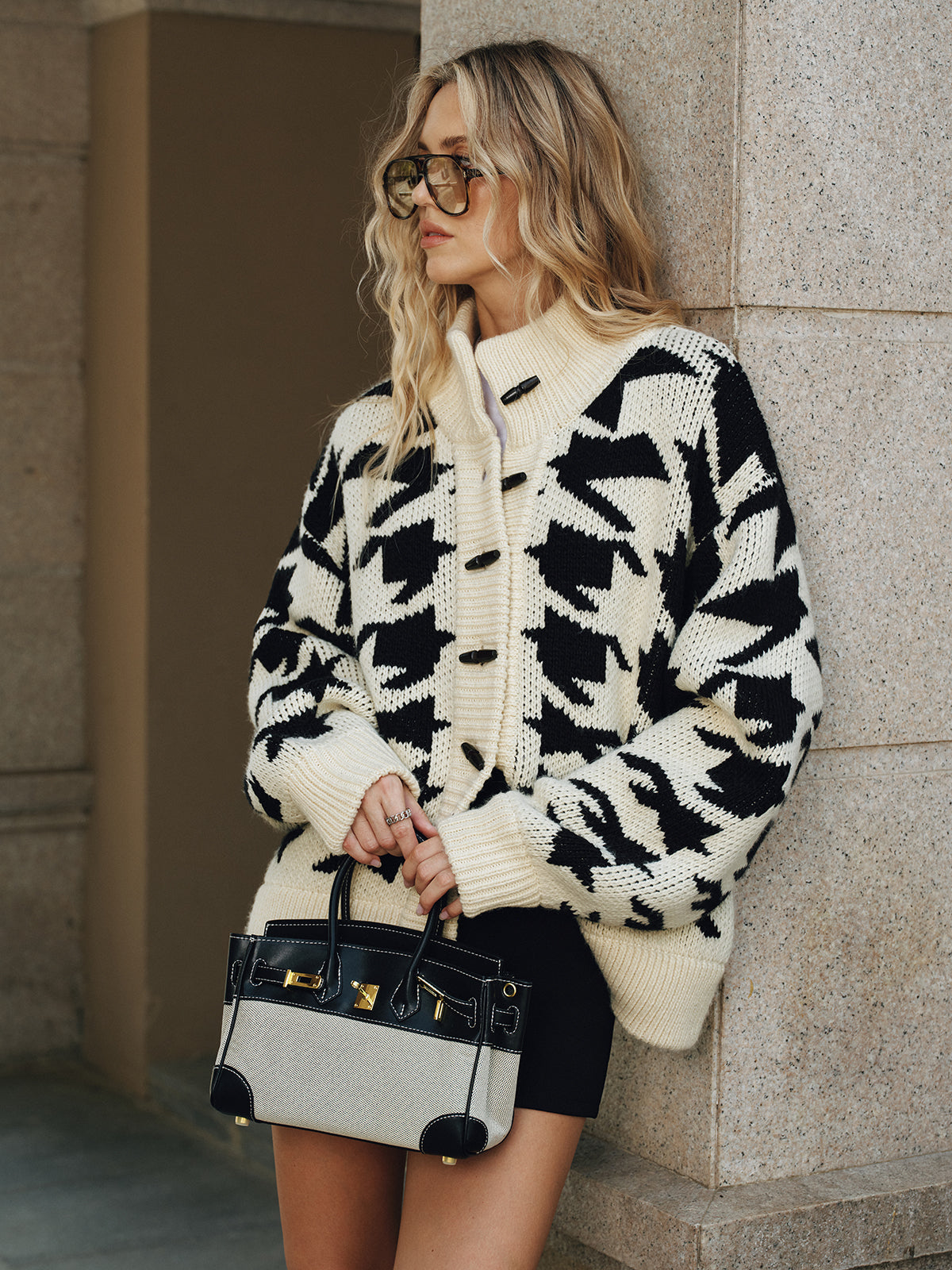 Houndstooth Horn Button Knit Cardigan