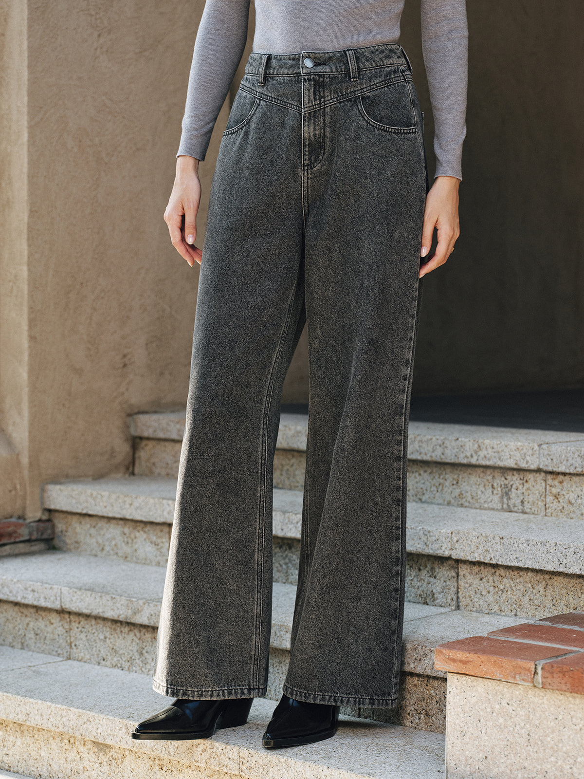 High-Waisted Washed Denim Pants