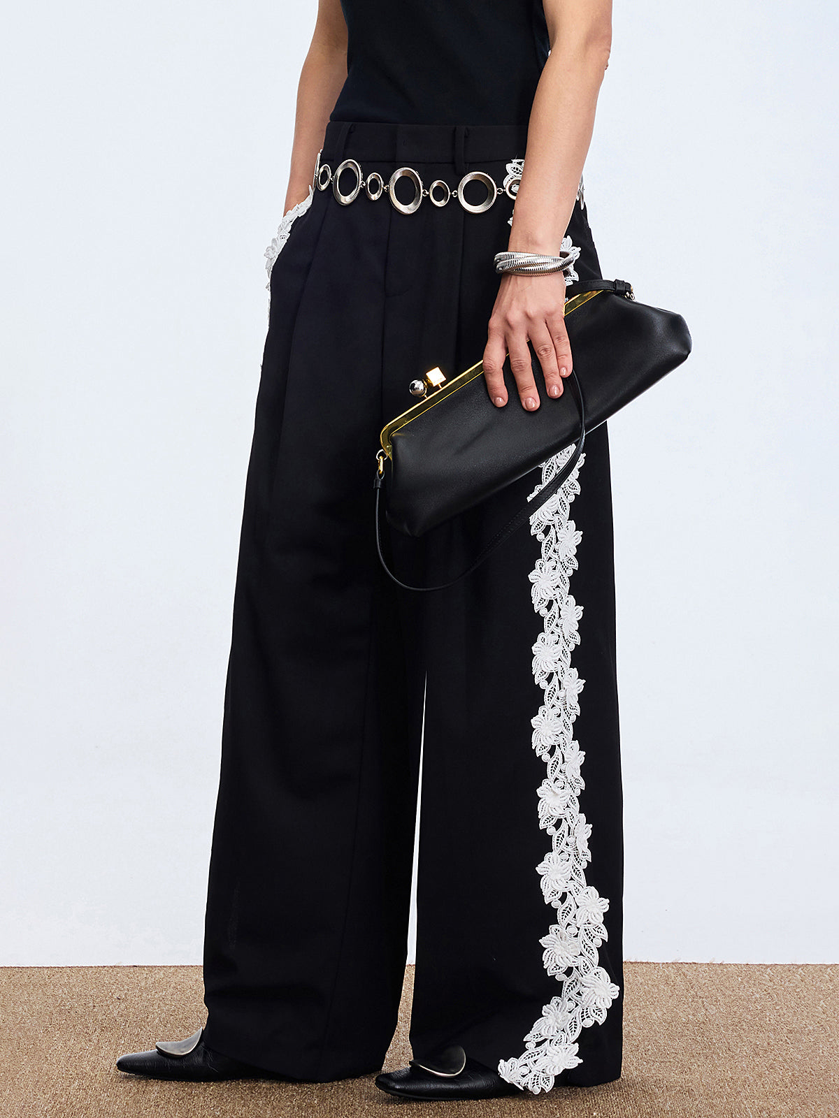 Lace Side Panel Wide-Leg Pants