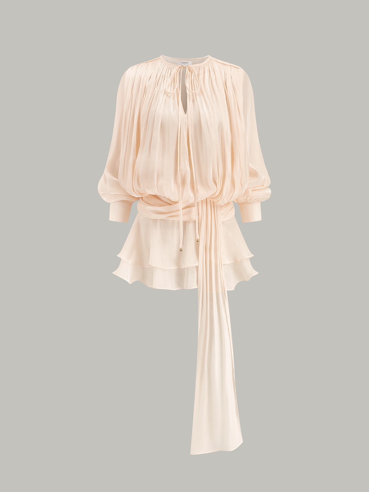 Mini-robe semi-transparente étagée drapée à nouer à la taille