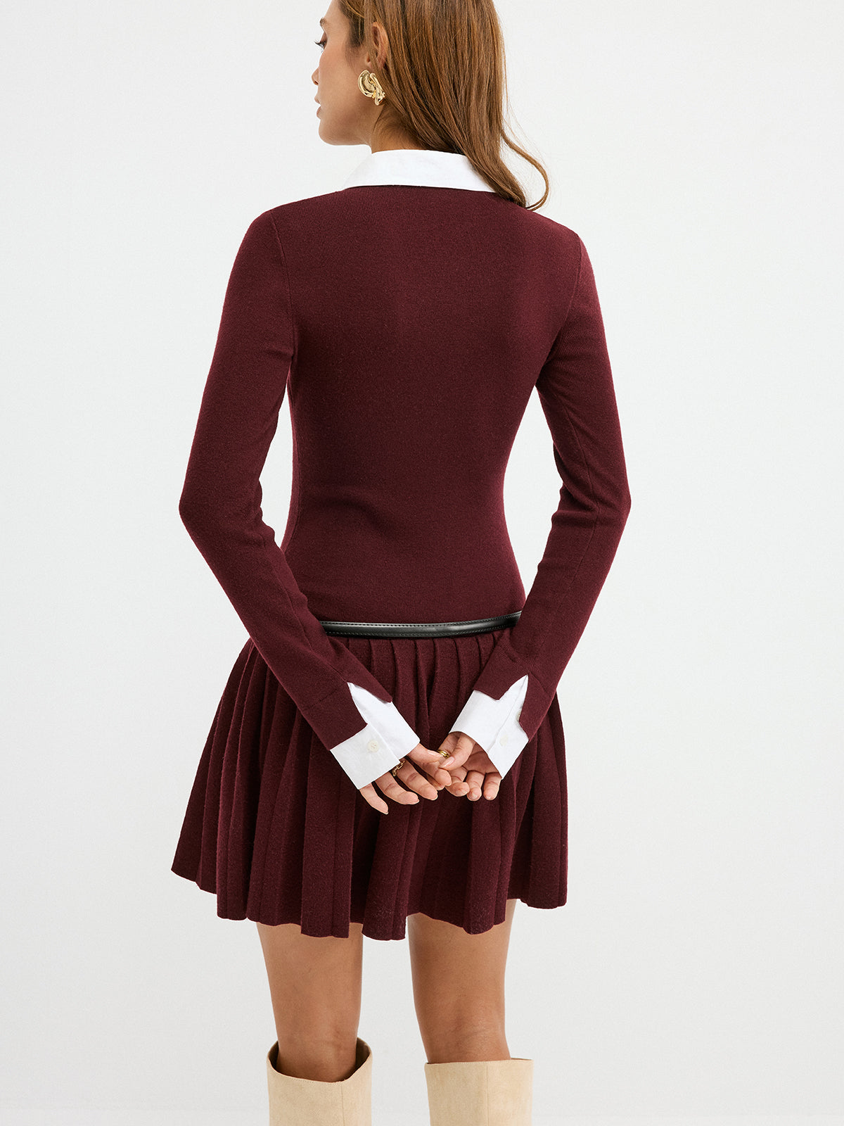 Detachable Shirt Collar Pleated Mini Dress without Belt