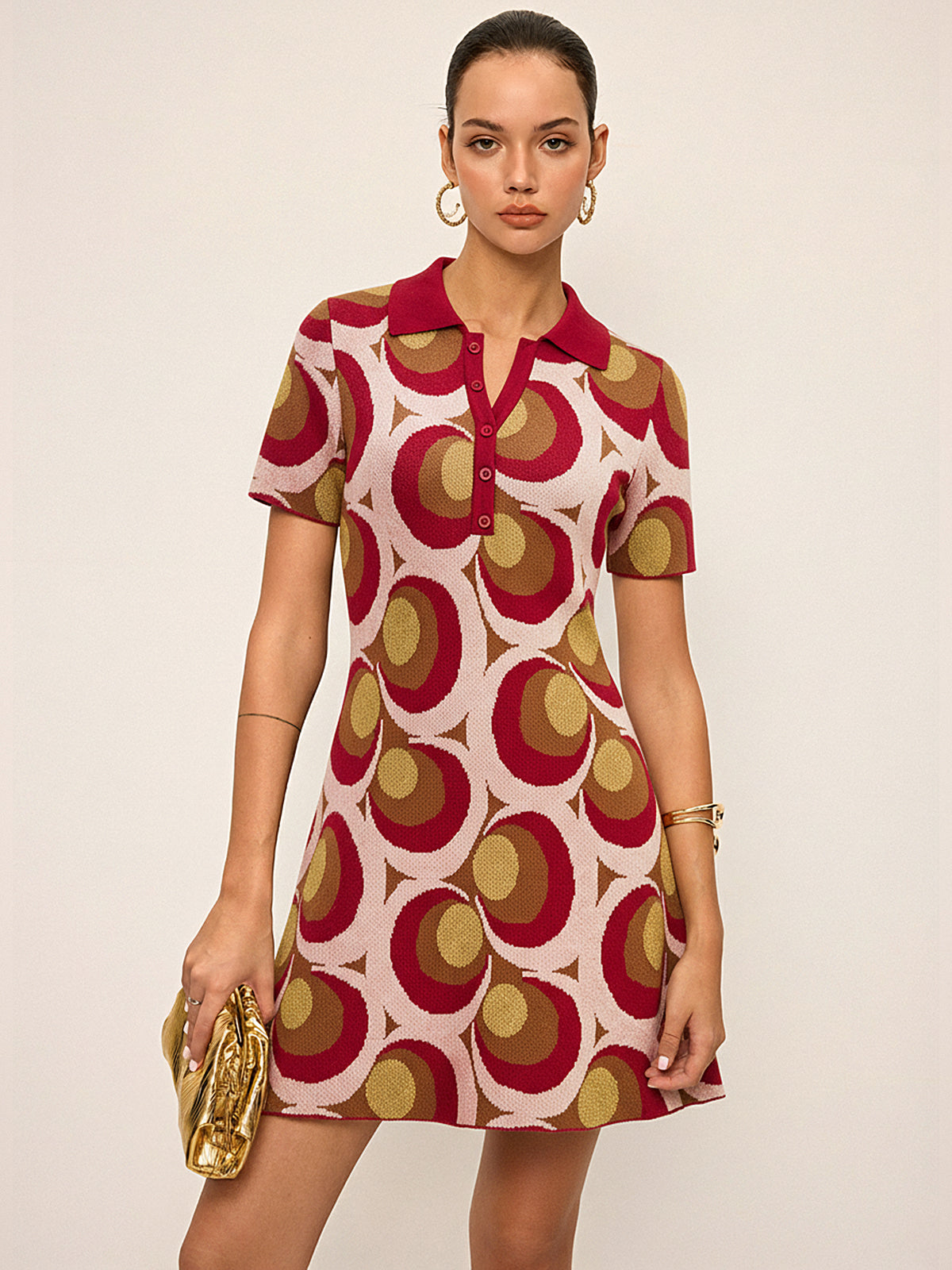 Vintage Print Polo Collar Sweater Dress