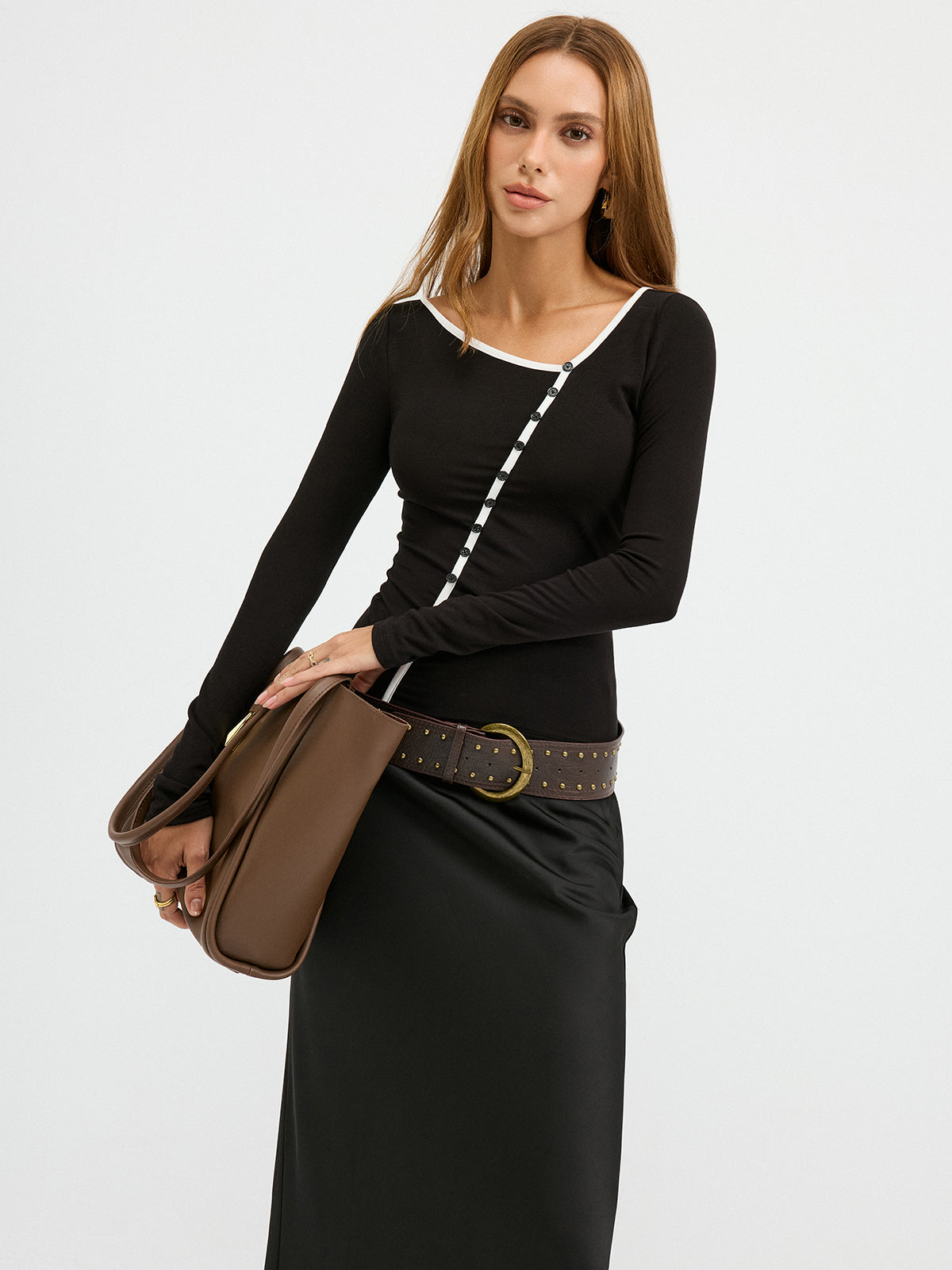 Contrast Trim Decor Button Asymmetric Collar Top