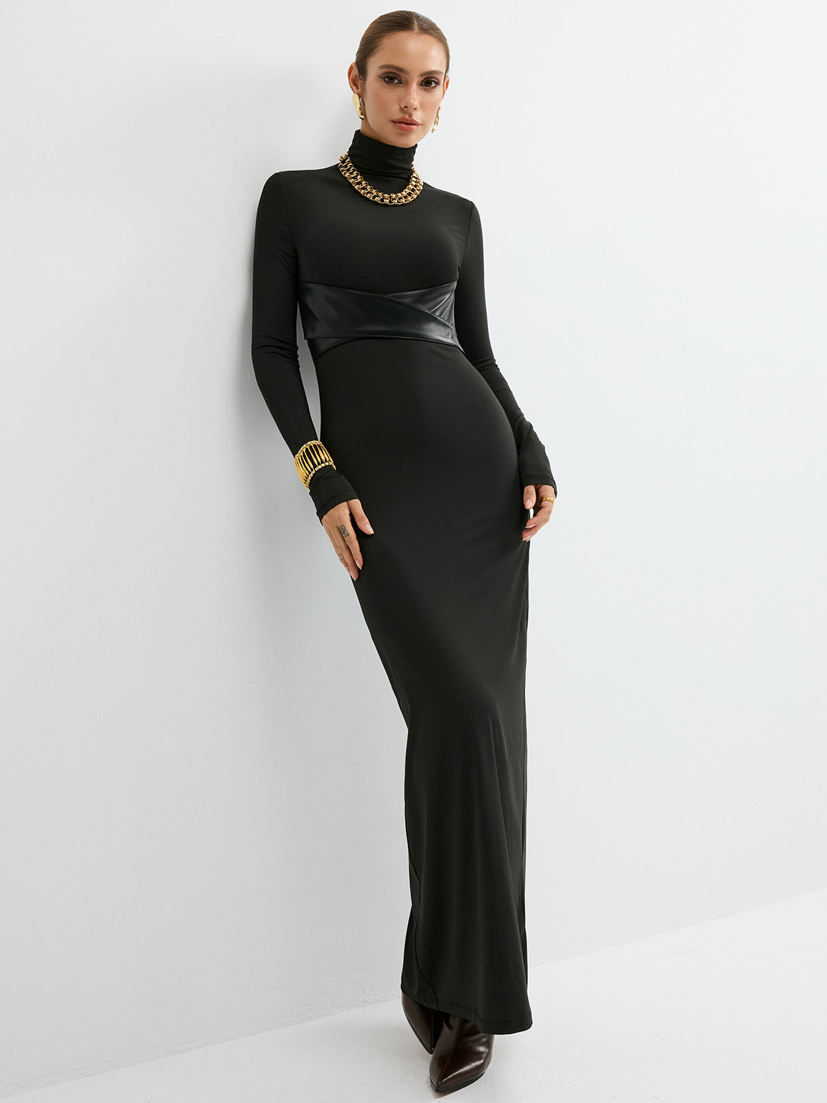 Turtleneck Faux Leather Paneled Maxi Dress