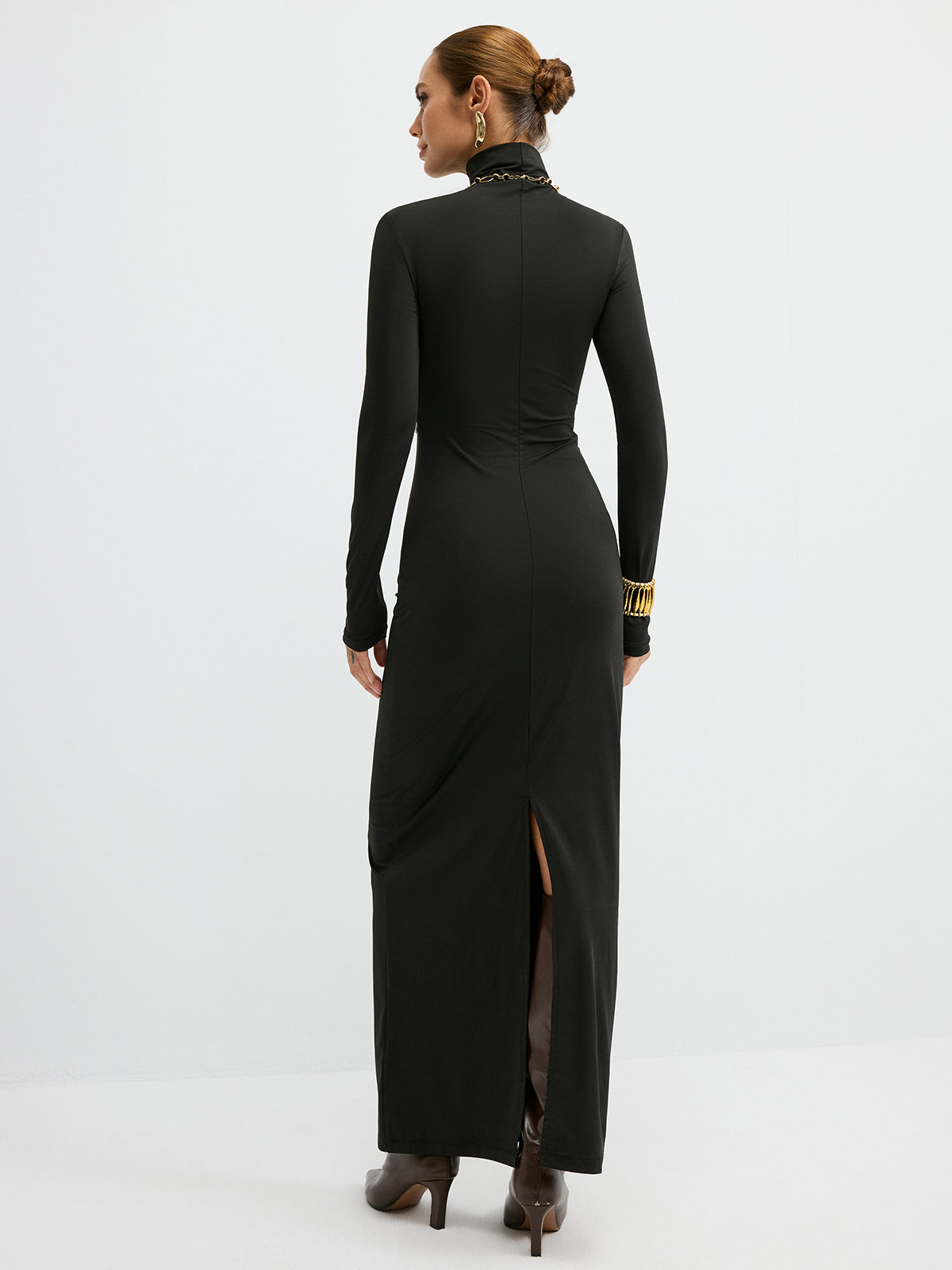 Turtleneck Faux Leather Paneled Maxi Dress