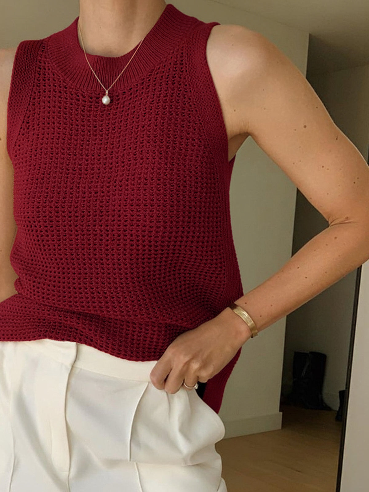 Knit Hollow Solid Tank Top