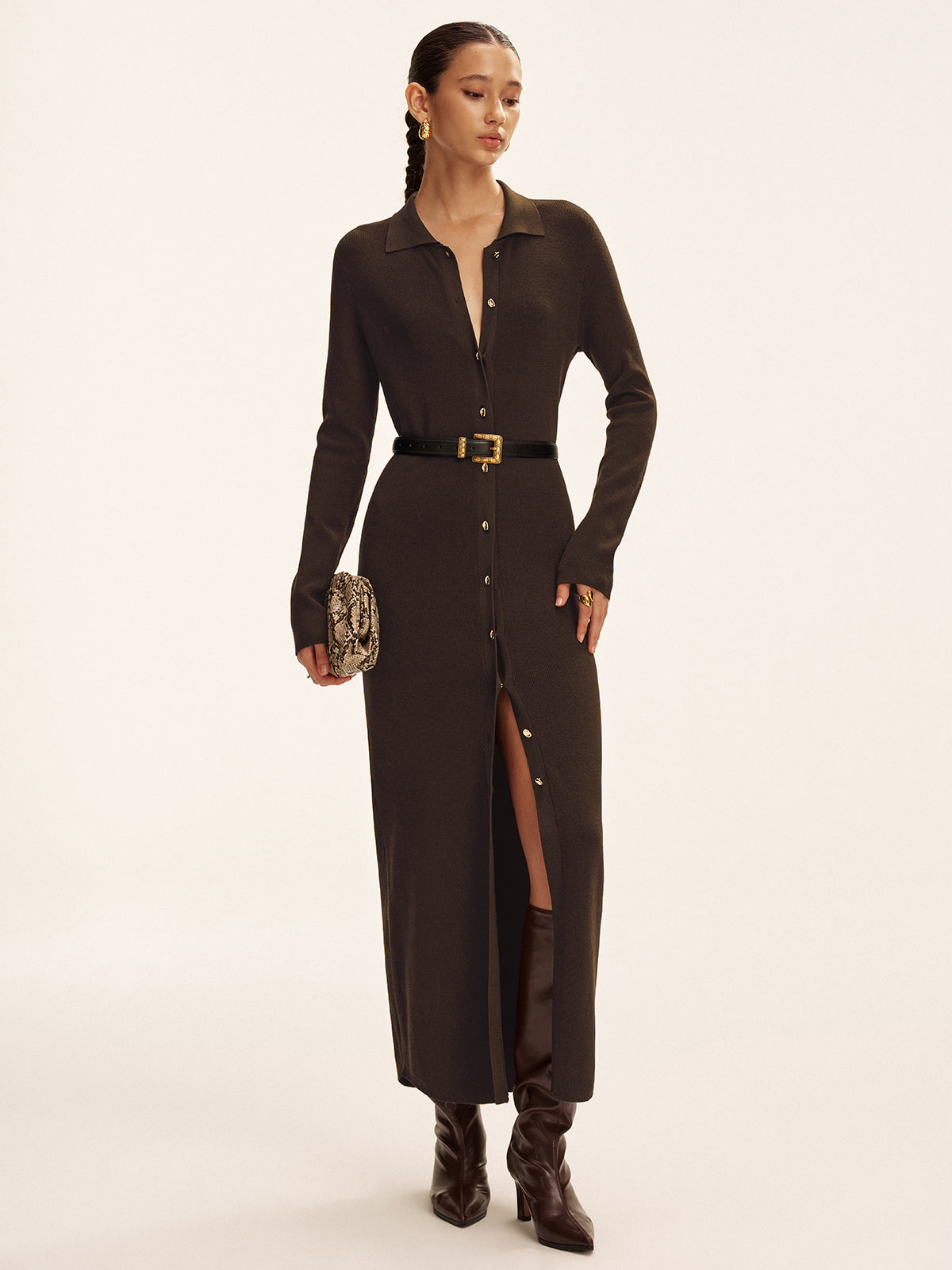 Robe longue en maille boutonnée à manches longues sans ceinture