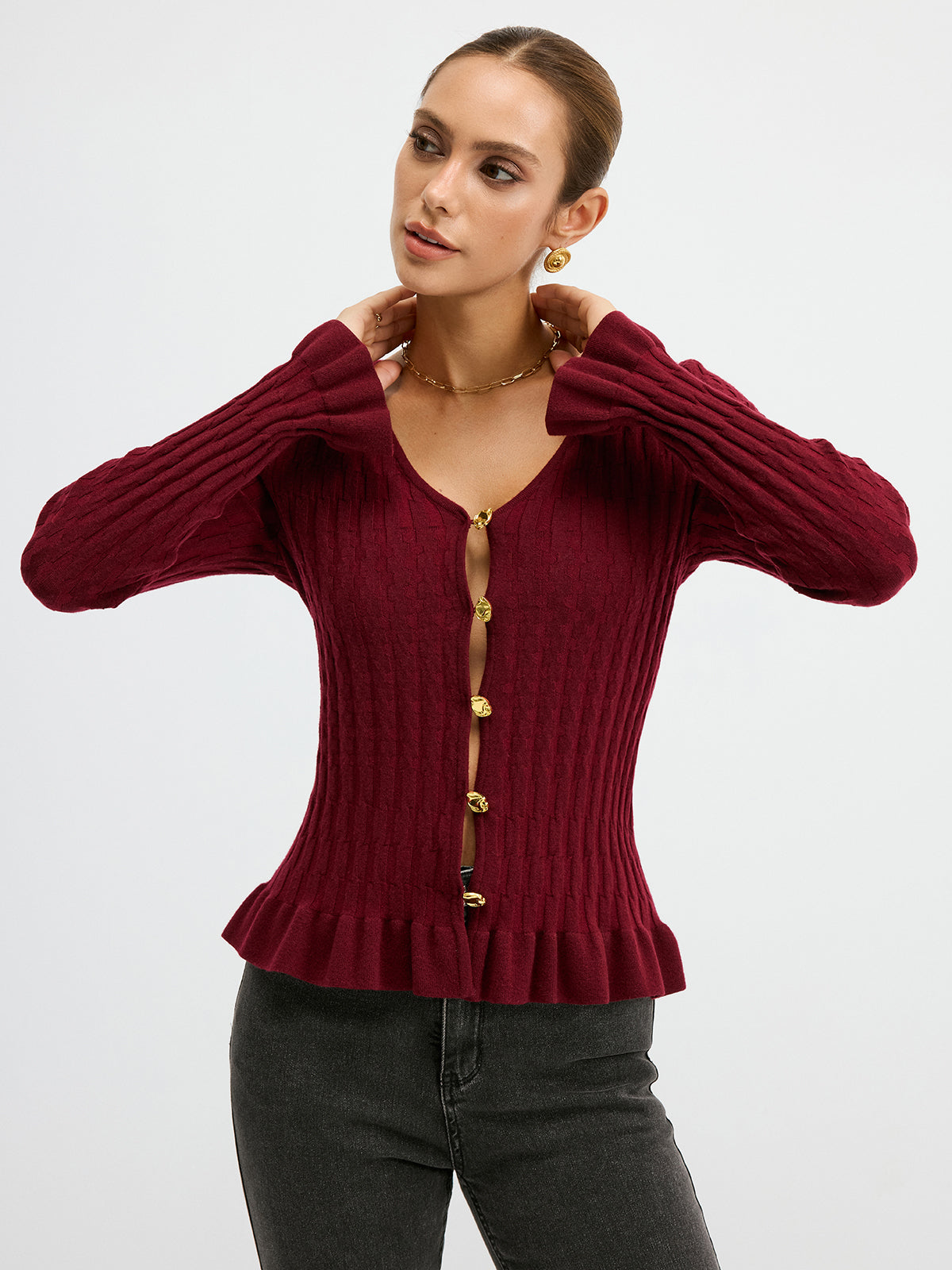 Metal Button Textured Fitted Wool Blend Knit Top