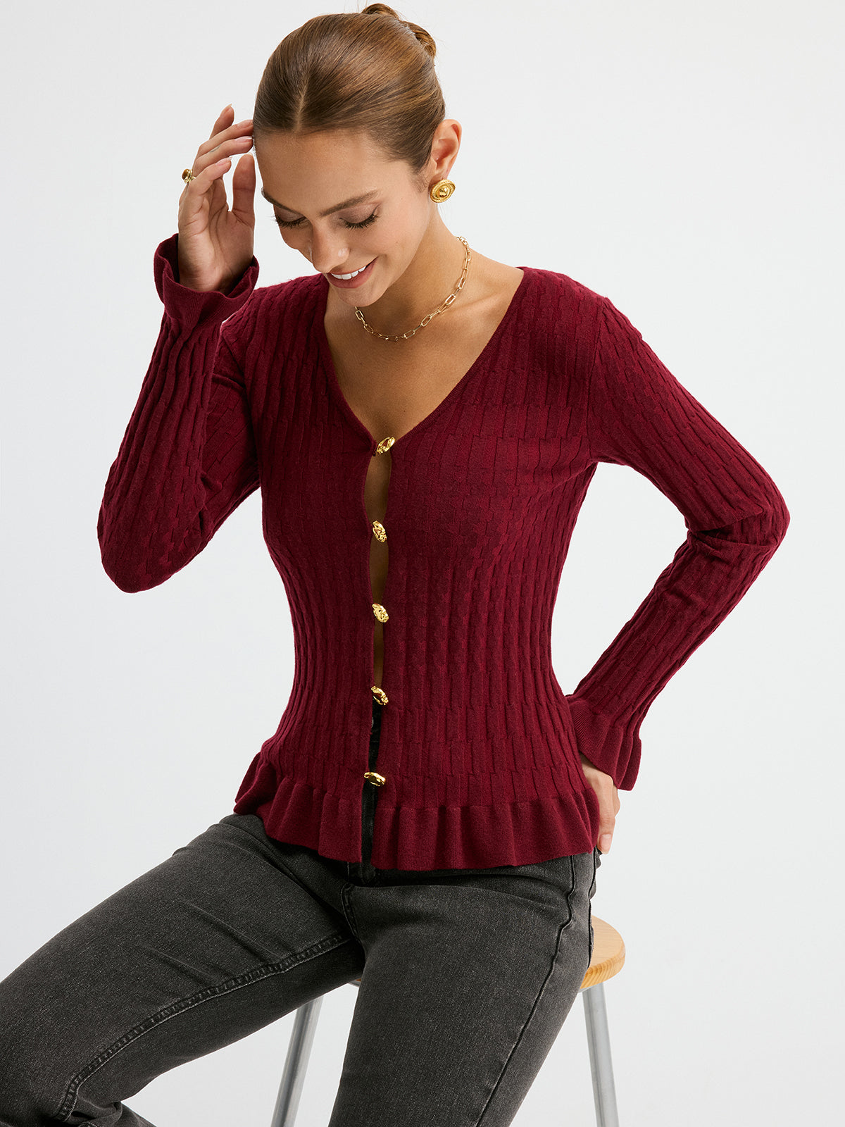 Haut en tricot ajusté en laine mélangée texturée avec boutons métalliques