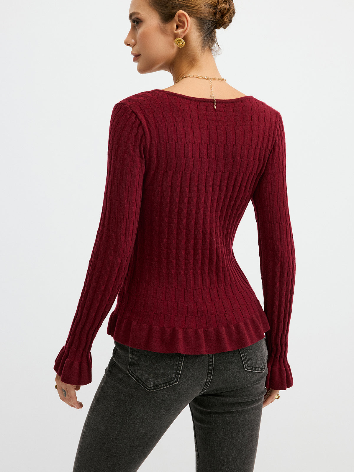 Haut en tricot ajusté en laine mélangée texturée avec boutons métalliques