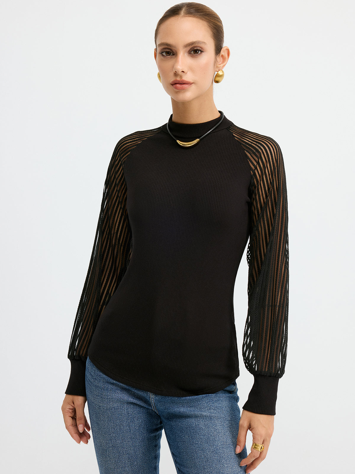 Mock Neck Mesh-Sleeve T-Shirt