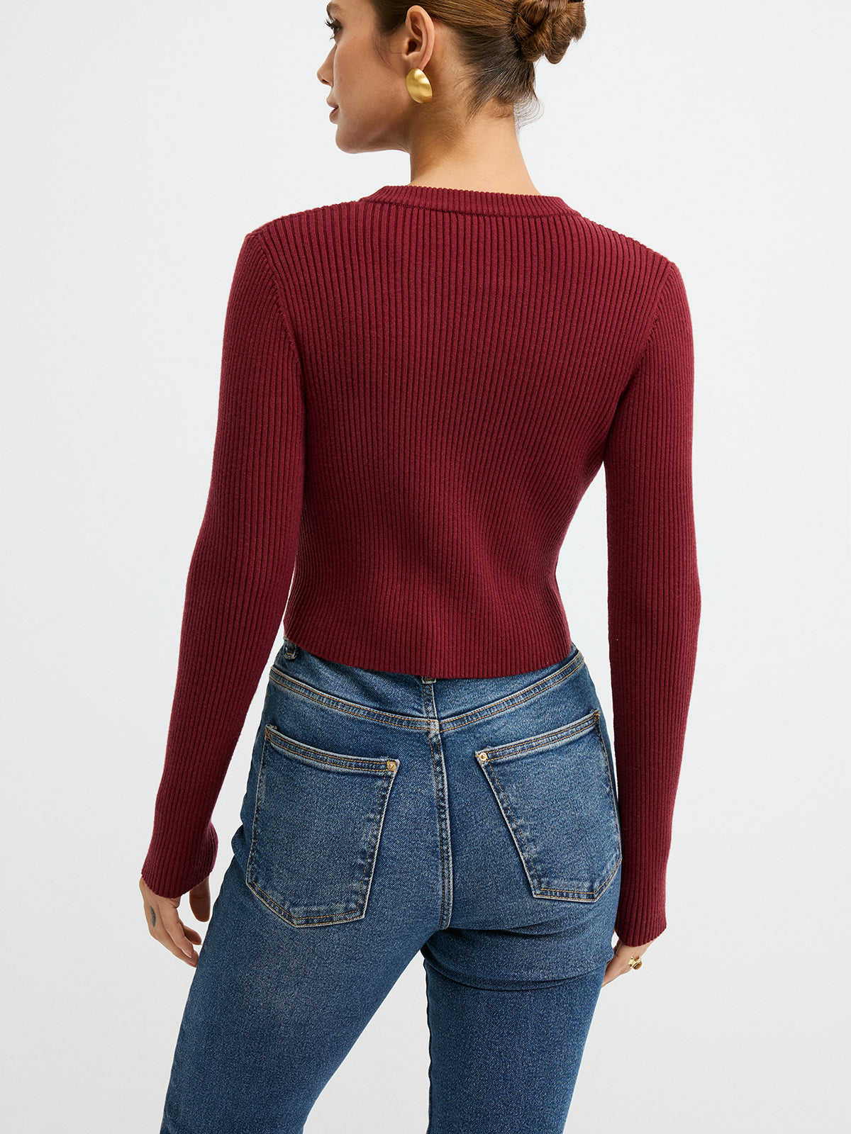Metal Button Ribbed Fitted Sweater