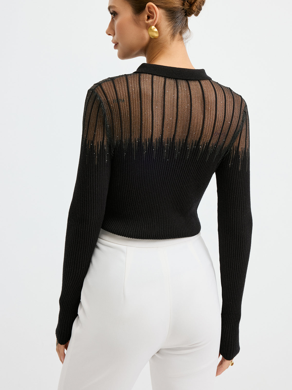 Glitter Detail Sheer Panel Polo Knit Top