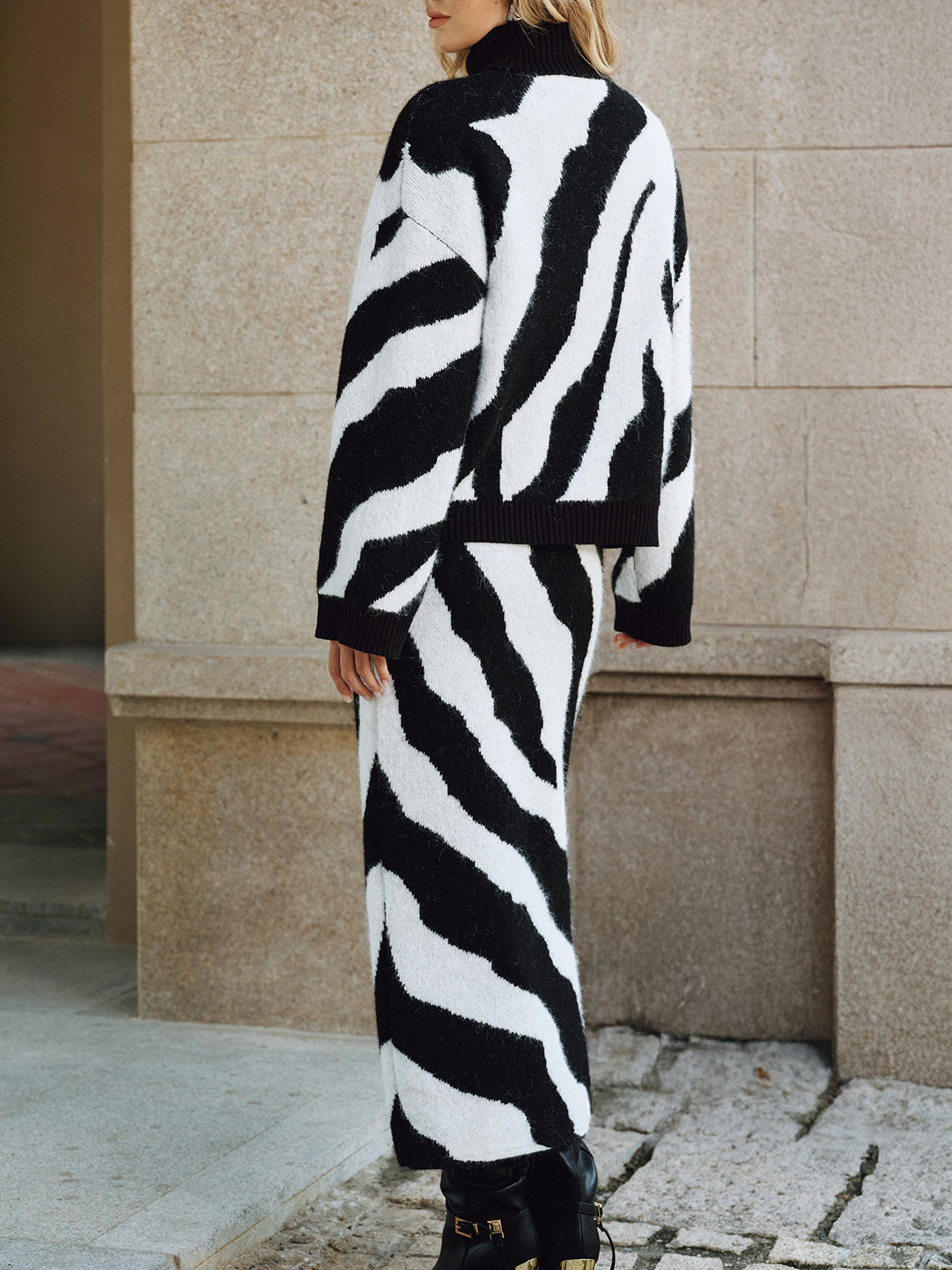 Zebra Print Wool Blend Maxi Skirt