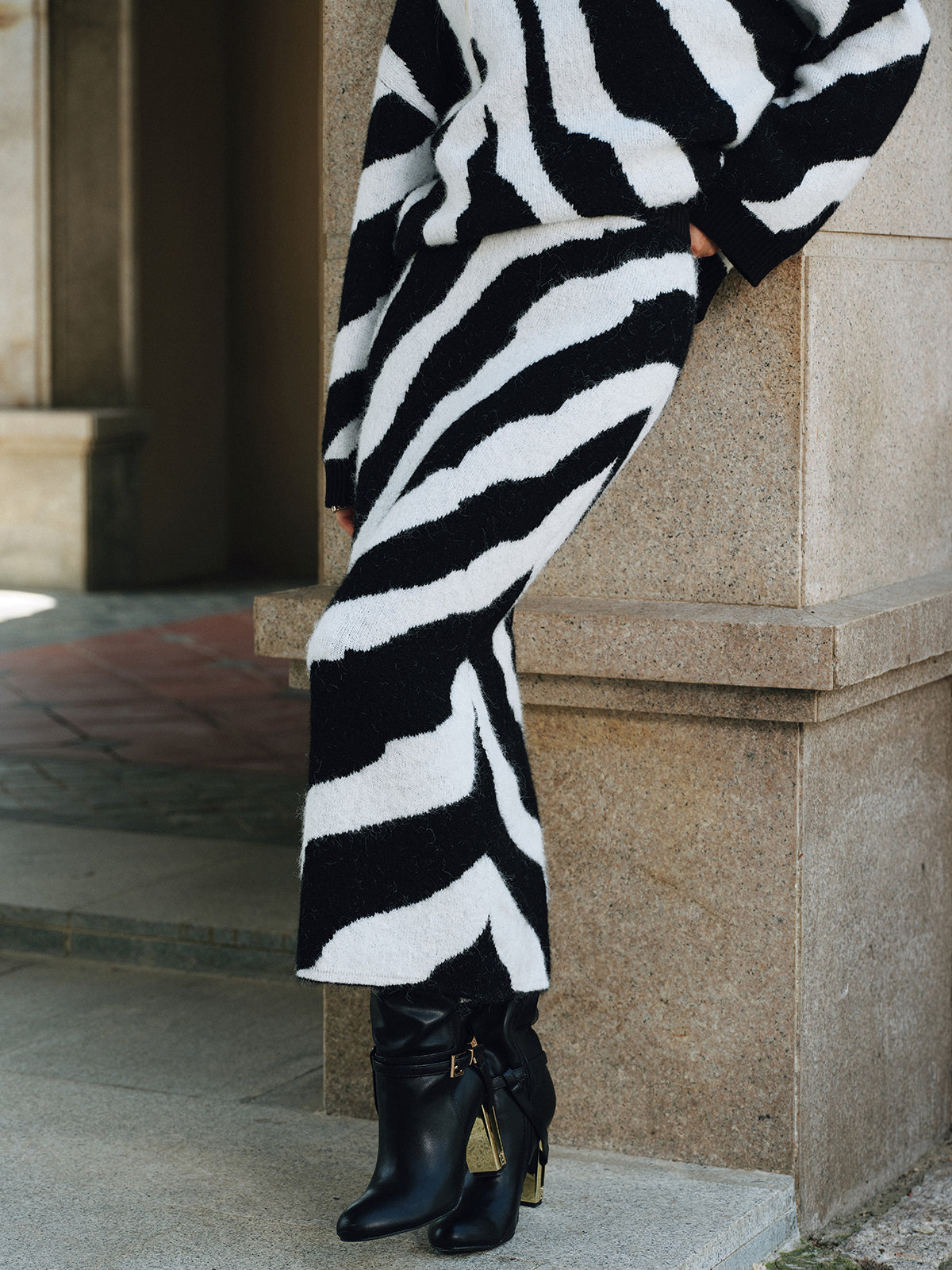 Zebra Print Wool Blend Maxi Skirt