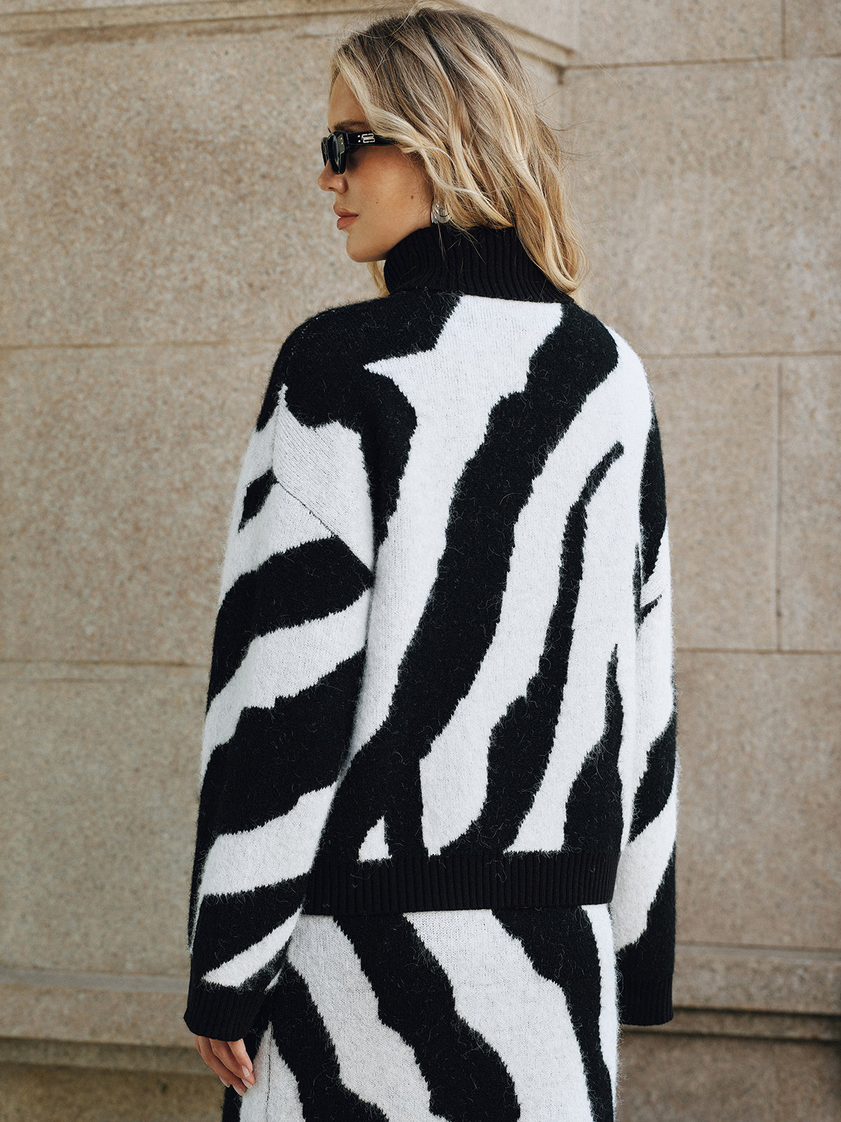 Zebra Print Turtleneck Wool Blend Sweater