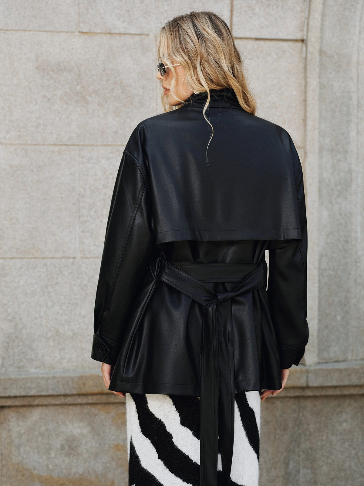 Stand Collar Belted PU Leather Quilted Jacket