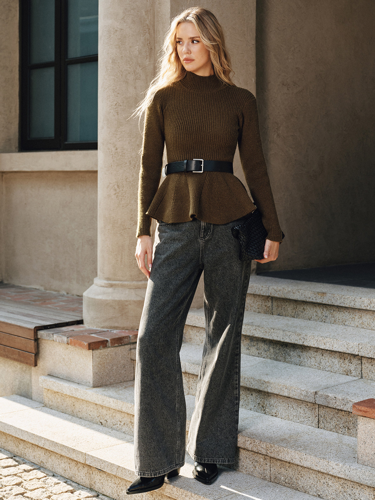 Belted Peplum Turtleneck Knit Top