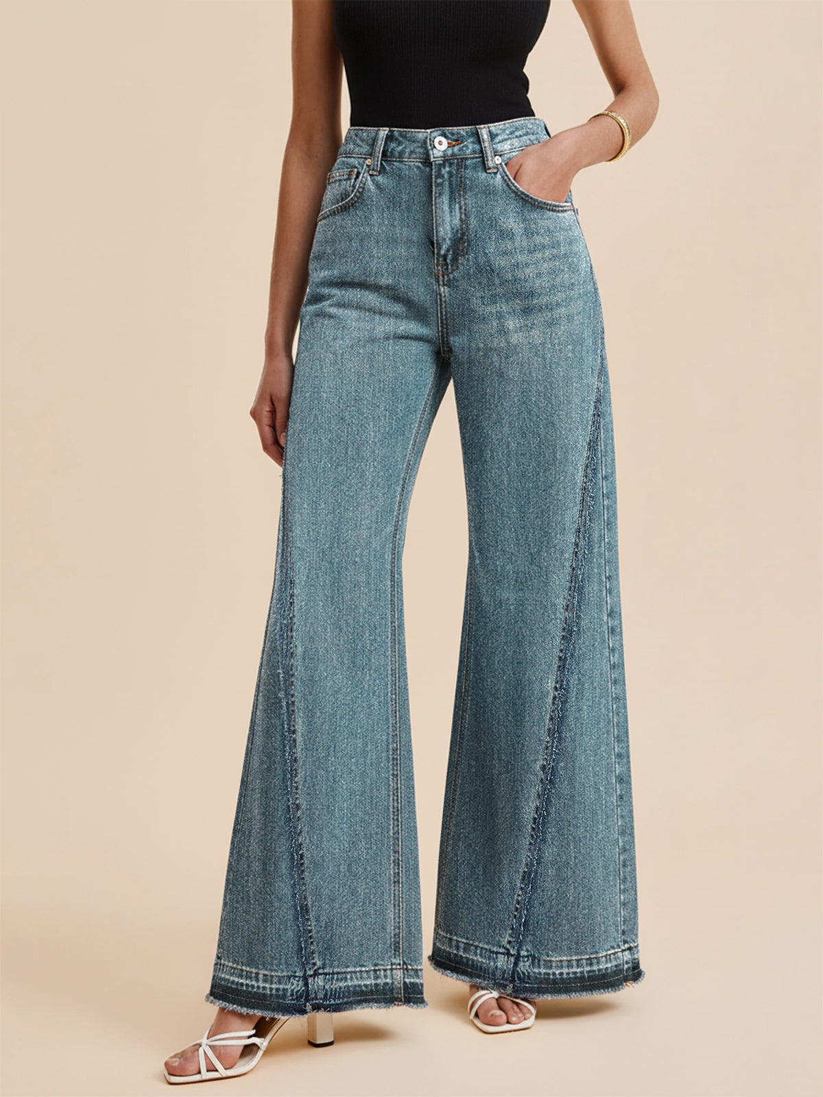 Frayed Hem Paneled Design High-Waisted Jeans