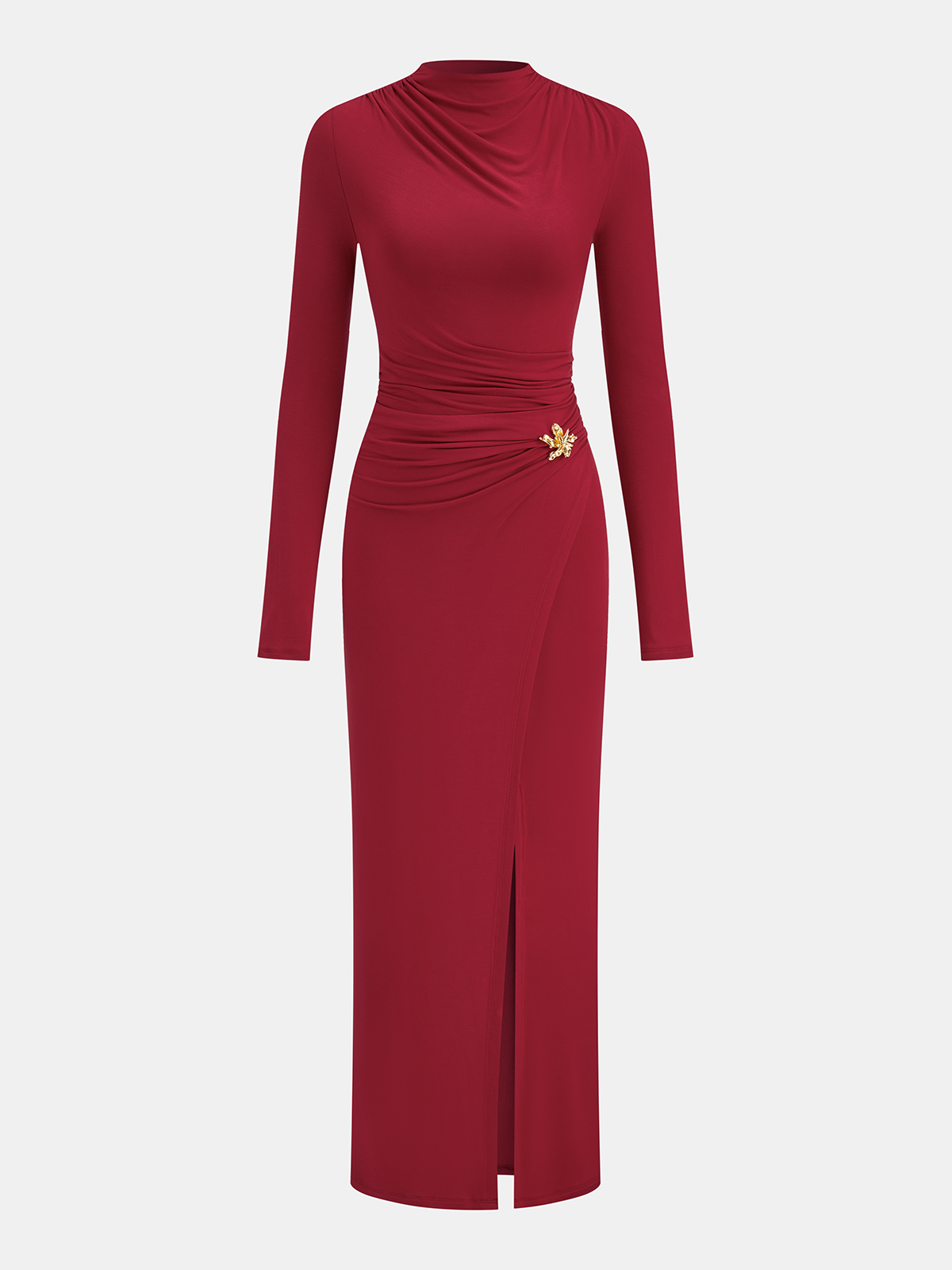 Maxikleid mit Stehkragen, langen Ärmeln und Metalldetail