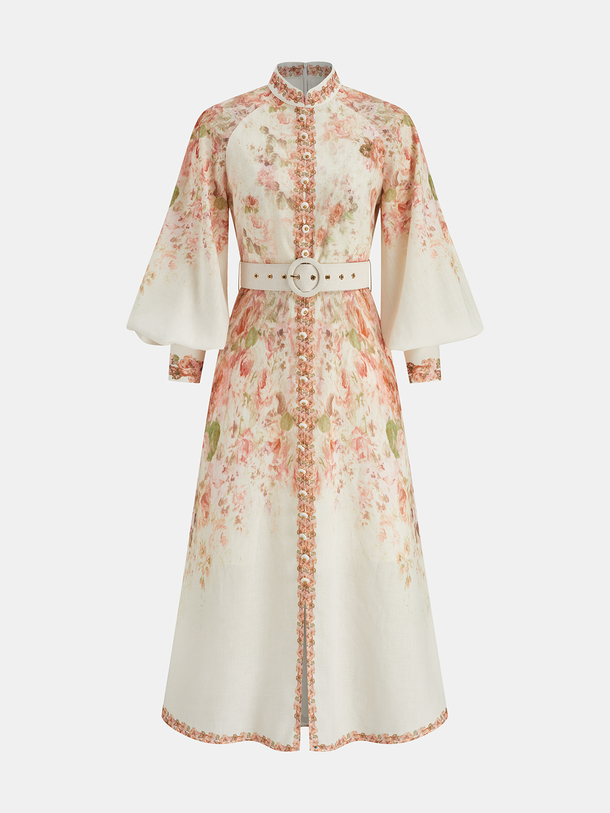 Robe longue à imprimé floral, manches gigot et ceinture