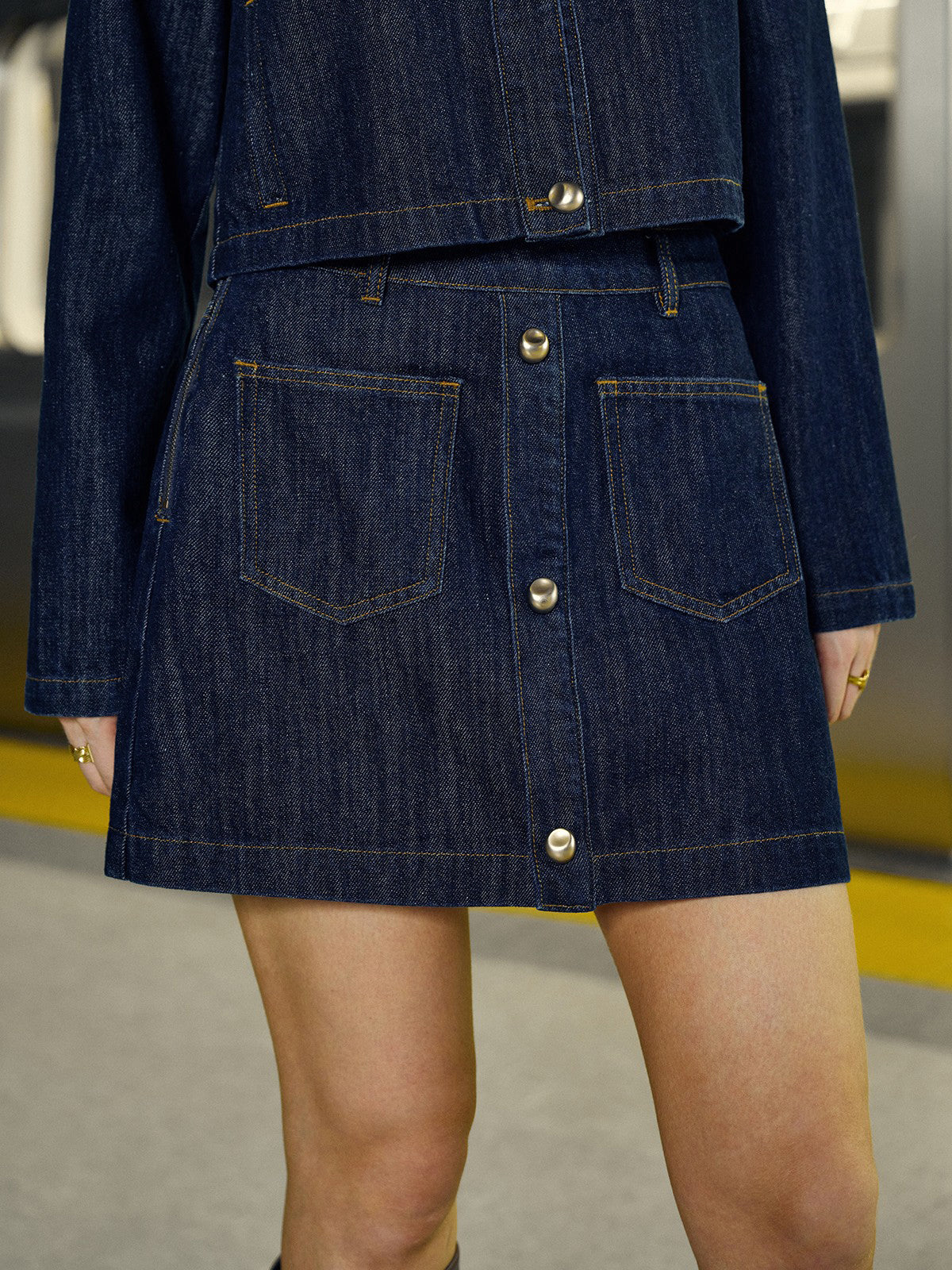 Pocket Button-Front Denim Mini Skirt