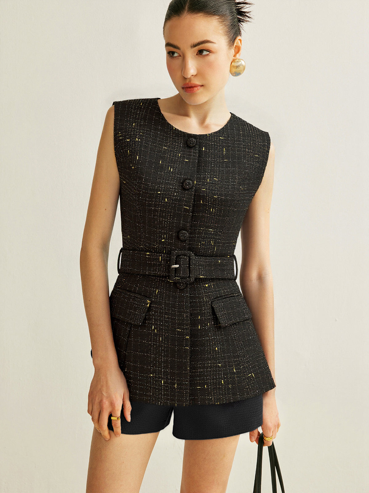 Gilet sans manches ceinturé en tweed