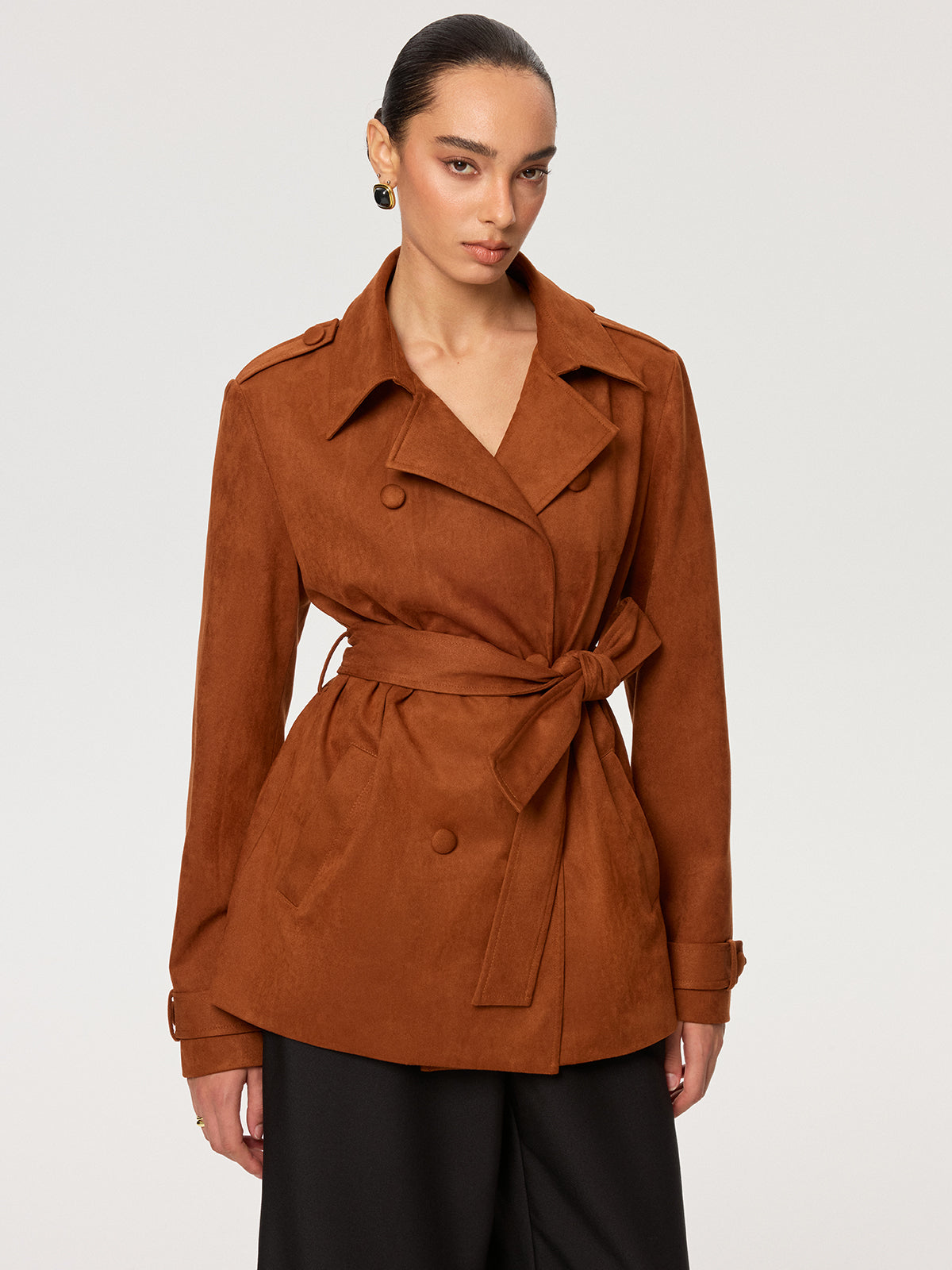 Suede Effect Belted Trench Coat