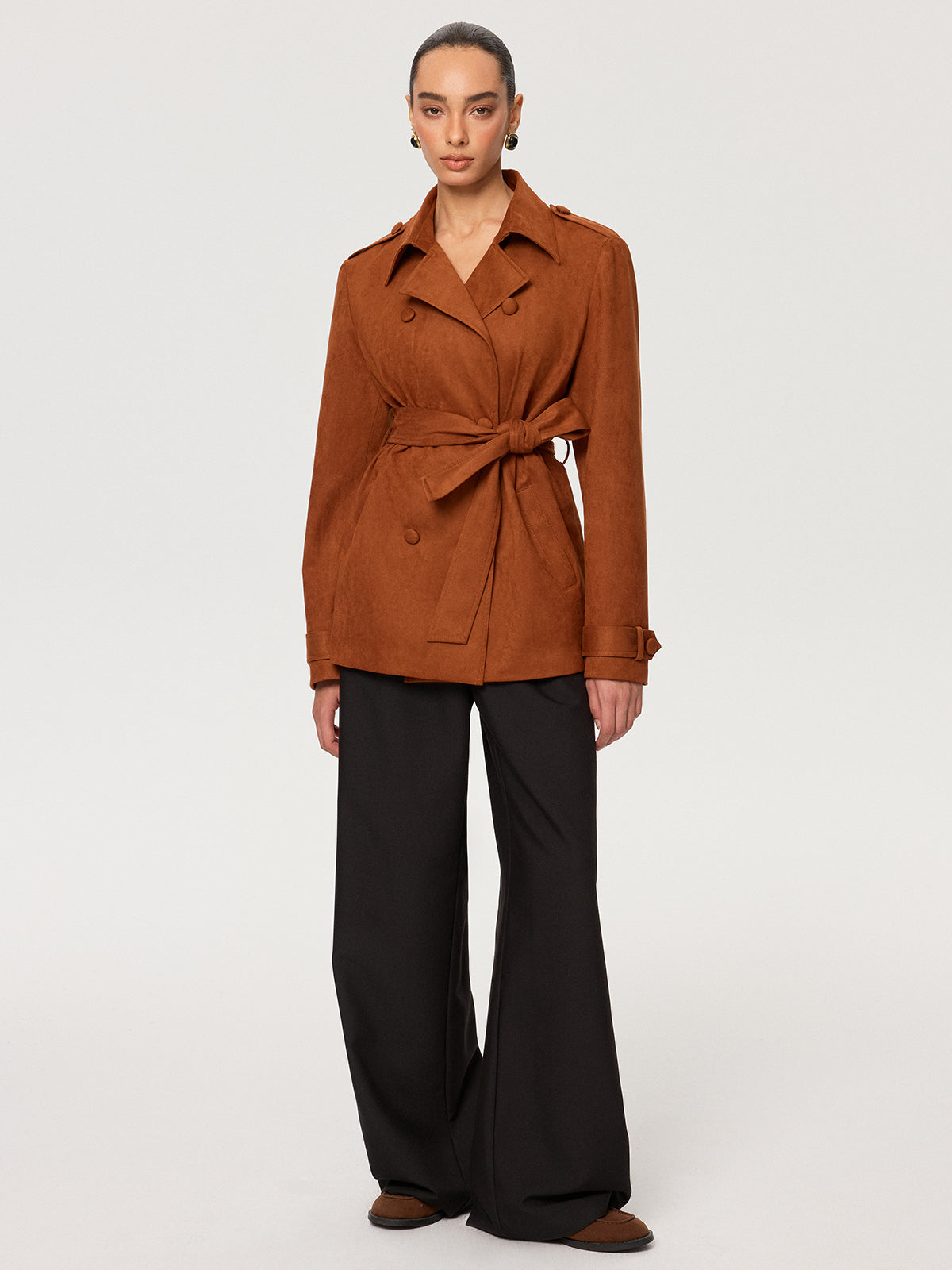 Suede Effect Belted Trench Coat