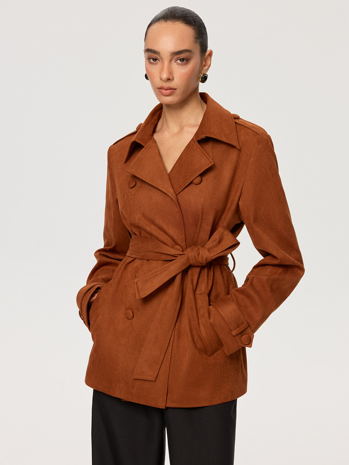 Suede Effect Belted Trench Coat