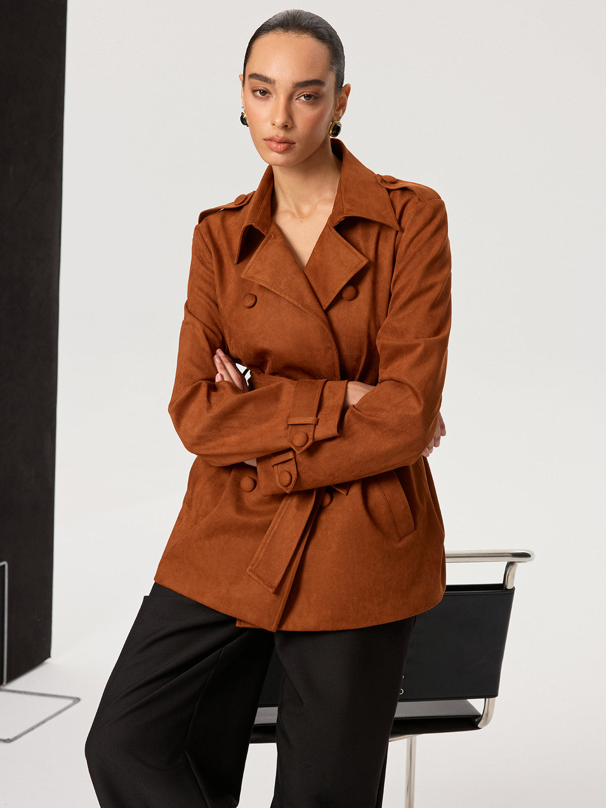 Suede Effect Belted Trench Coat