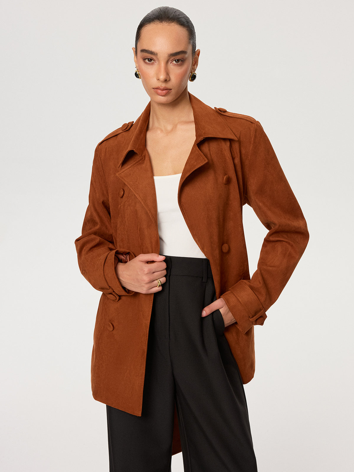 Suede Effect Belted Trench Coat
