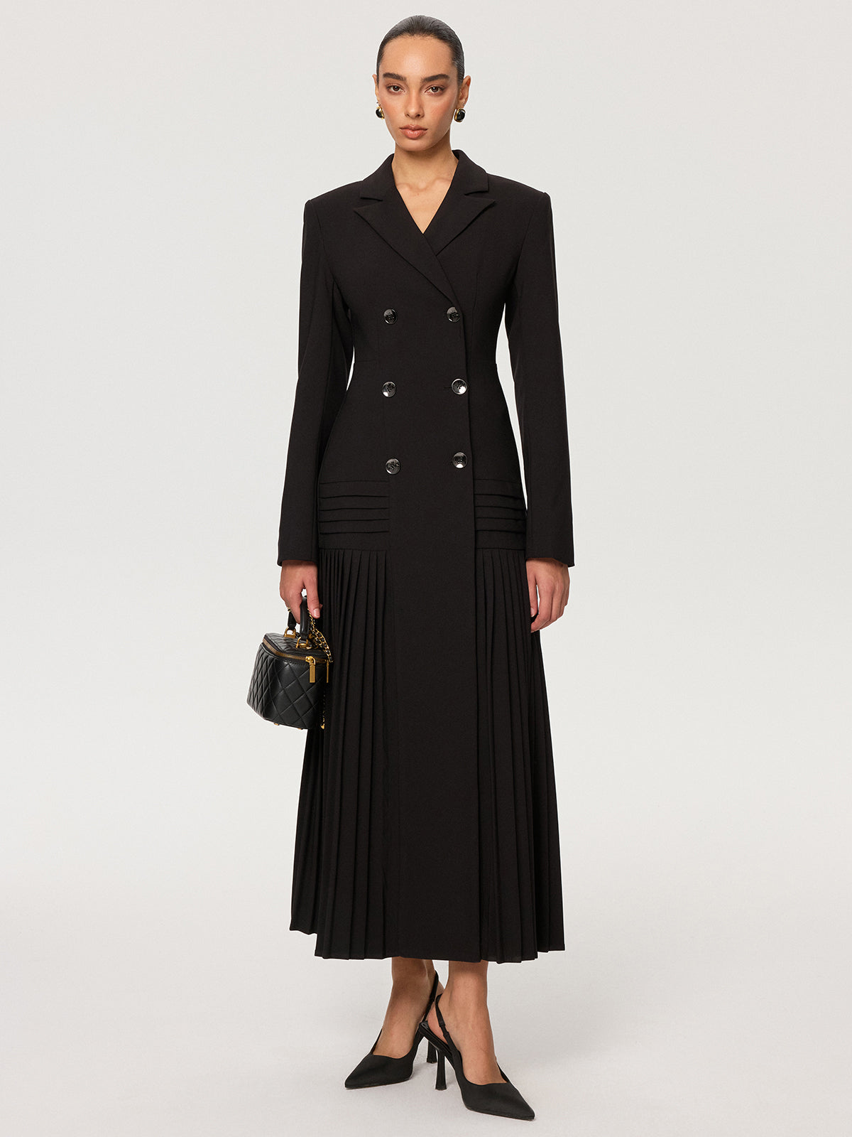 Pleated Hem Double-Breasted Blazer Coat