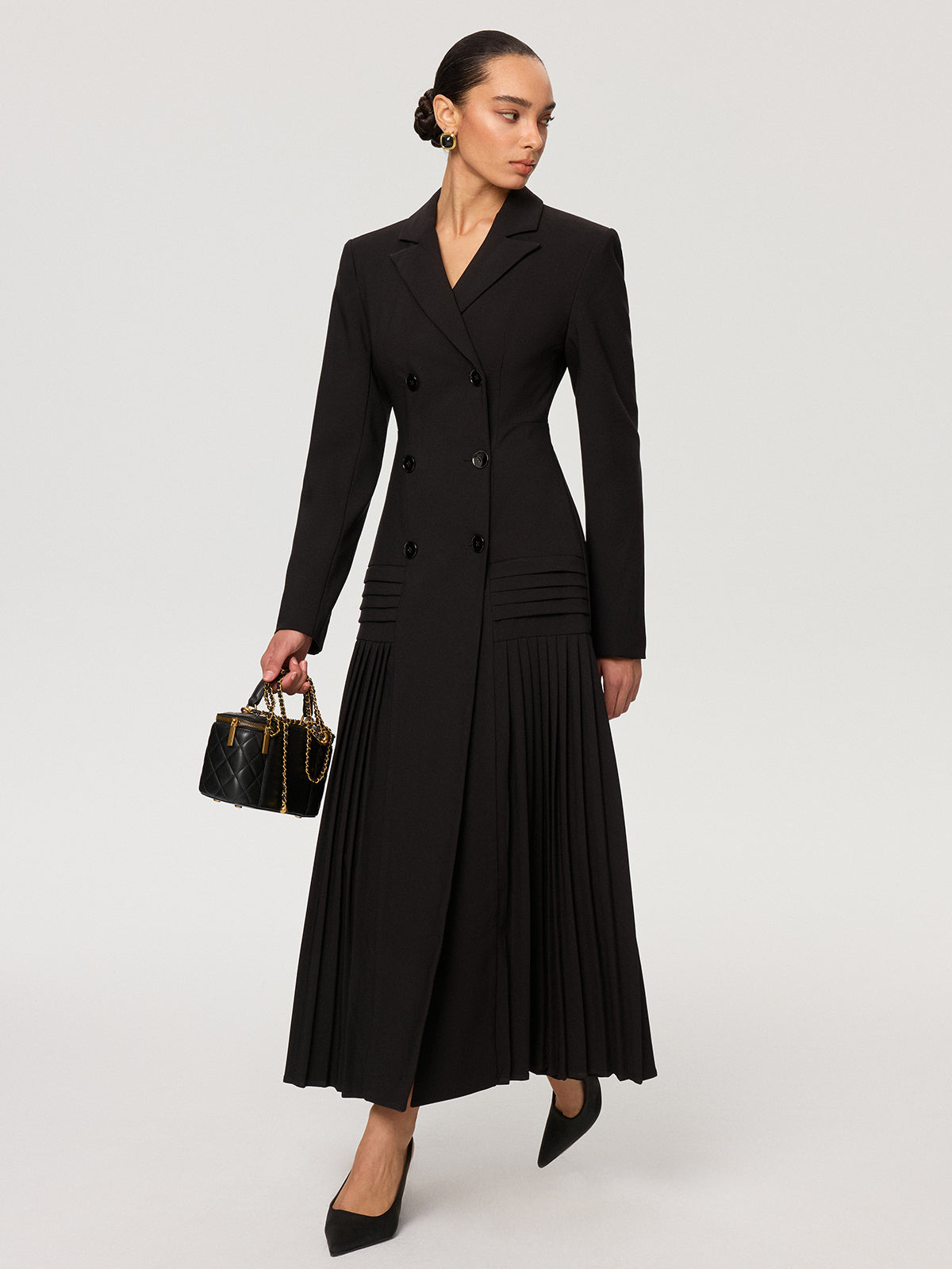 Pleated Hem Double-Breasted Blazer Coat