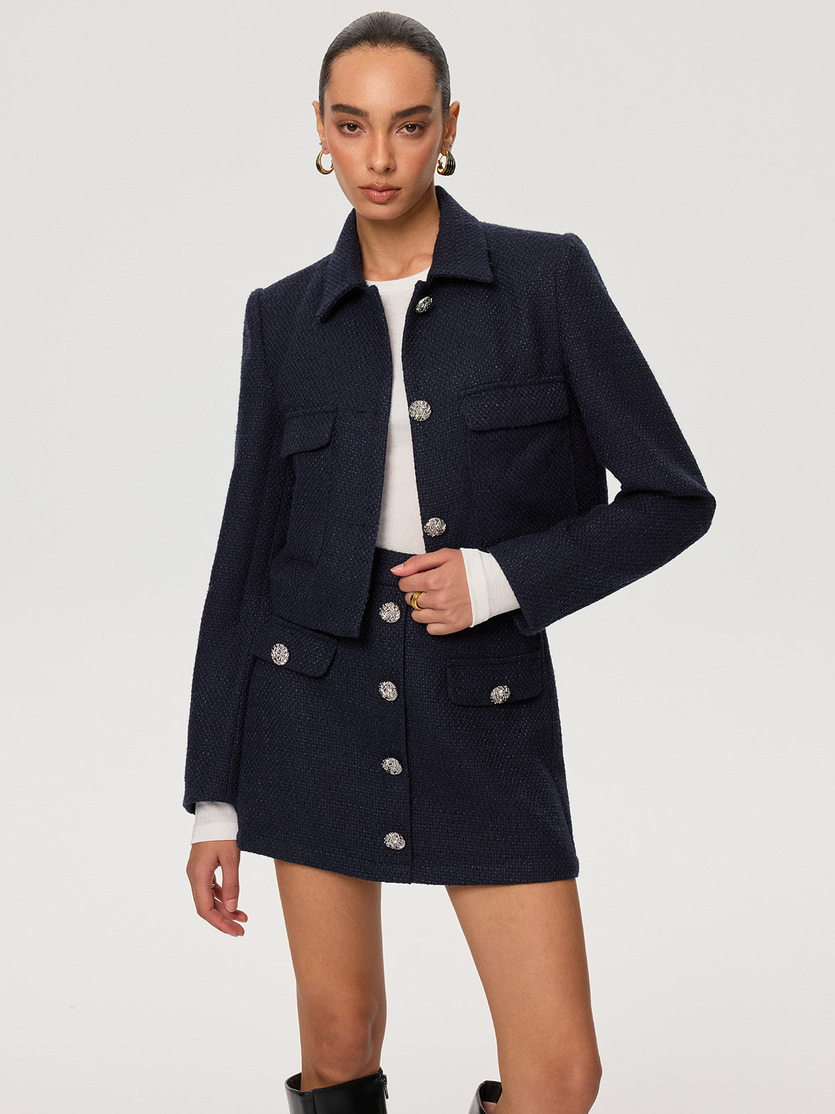 Metal Button Tweed Mini Skirt