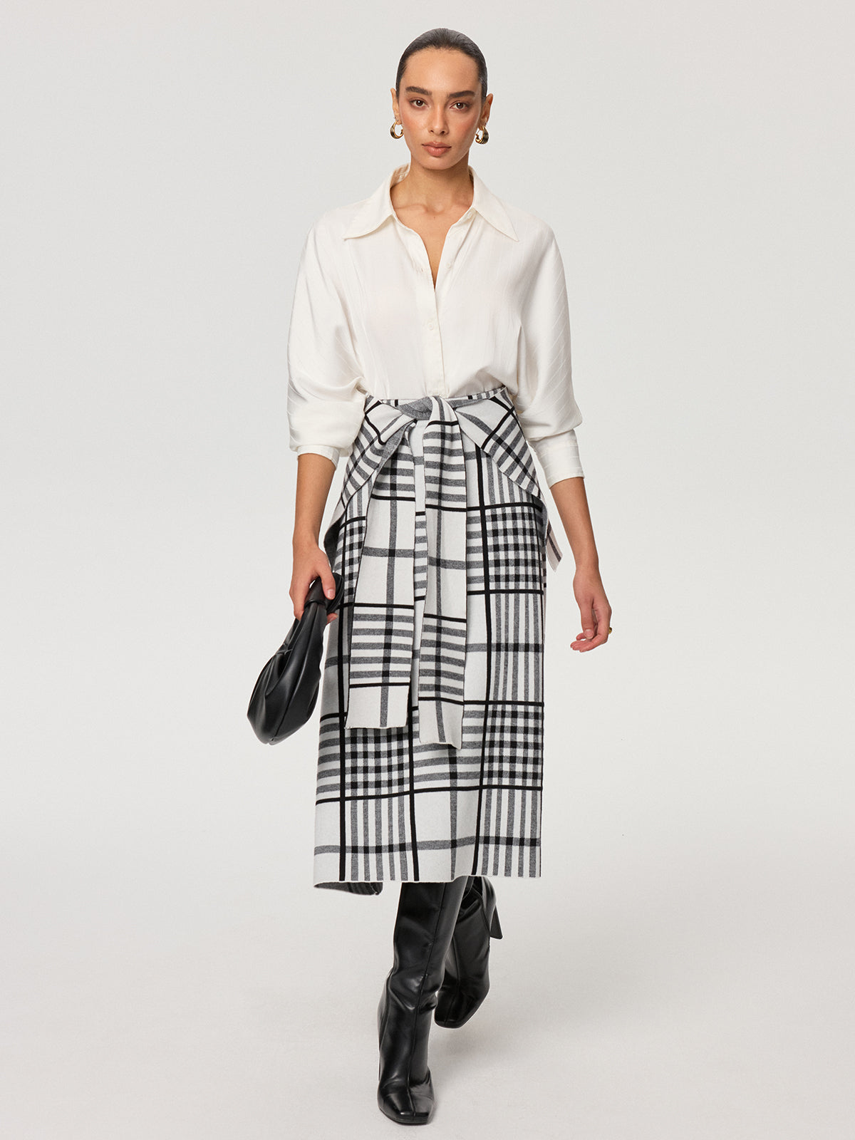 Plaid Wool Blend Midi Skirt with Apron Belt