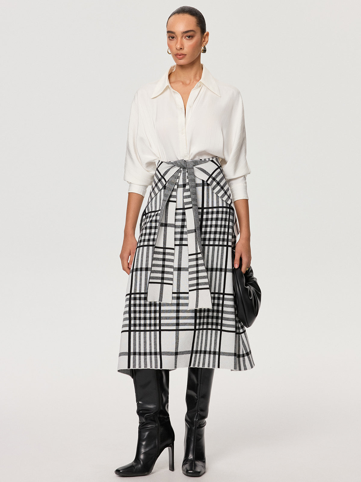 Plaid Wool Blend Midi Skirt with Apron Belt