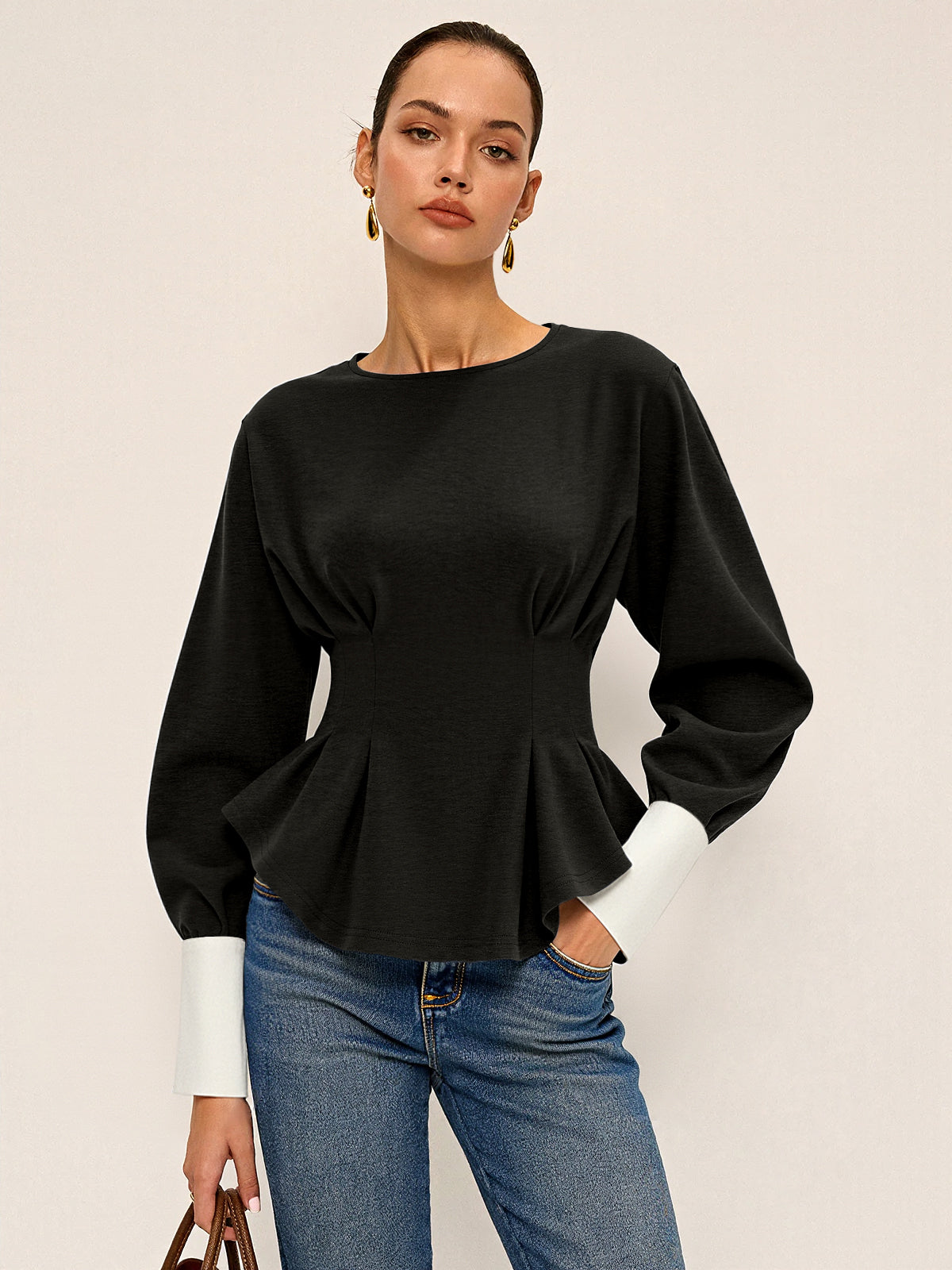 Round Neck Balloon Sleeve Peplum Sweatshirt