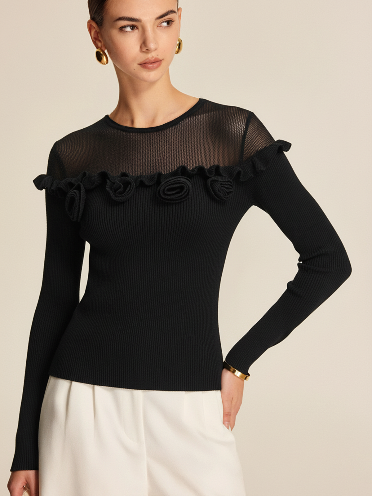 Haut en maille à volants floraux 3D et empiècements transparents