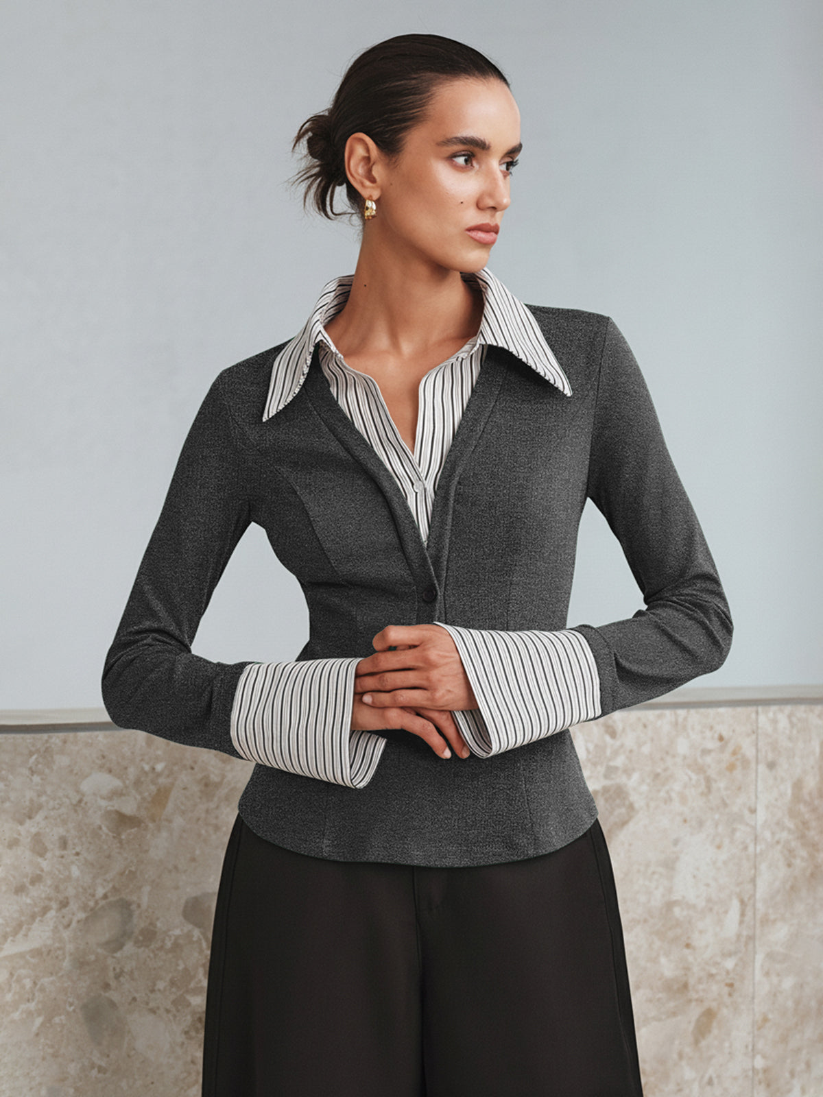 Polo bicolore à manches longues et effet deux-pièces