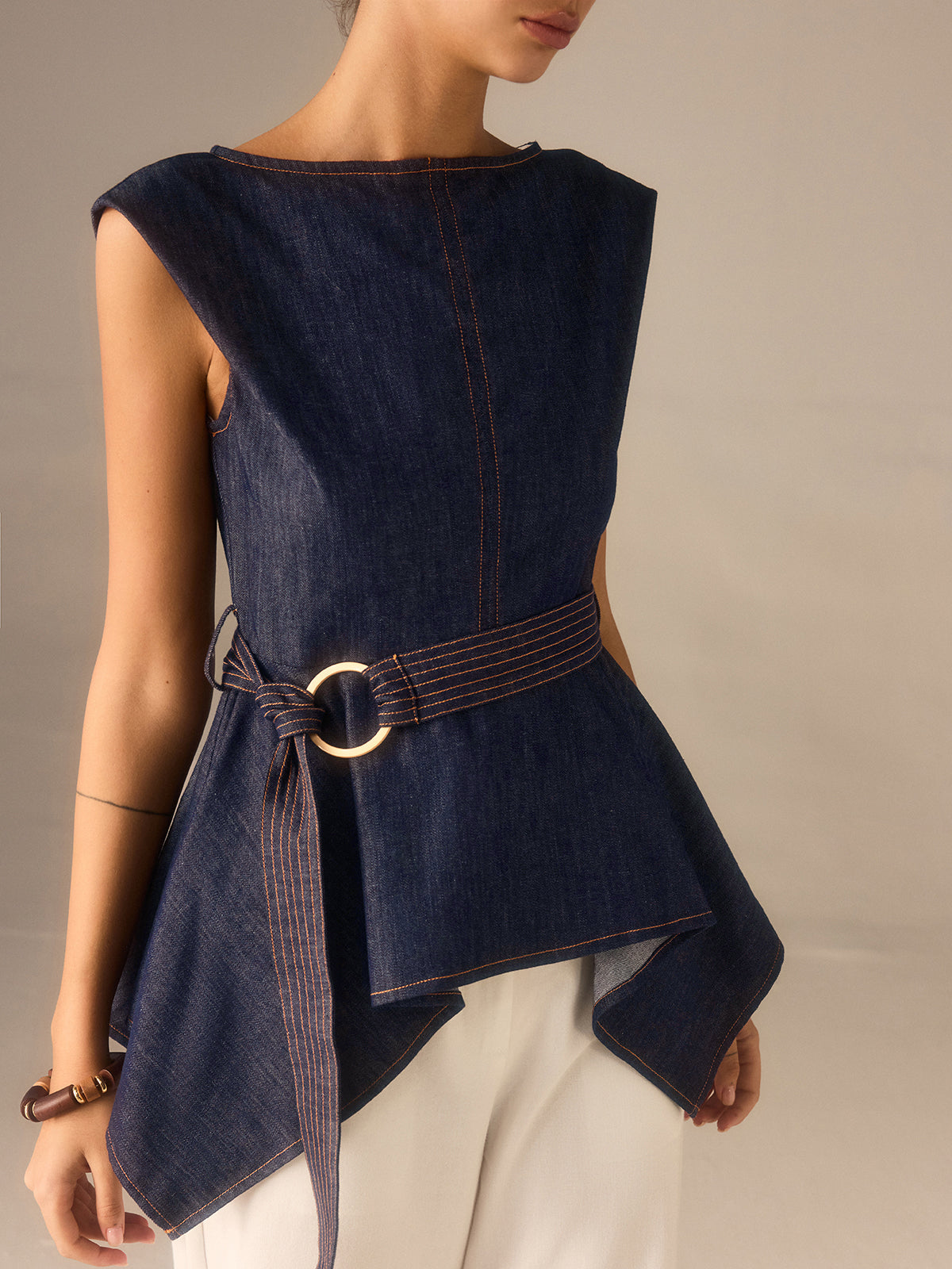 Denim Peplum Belted Top with Asymmetric Hem