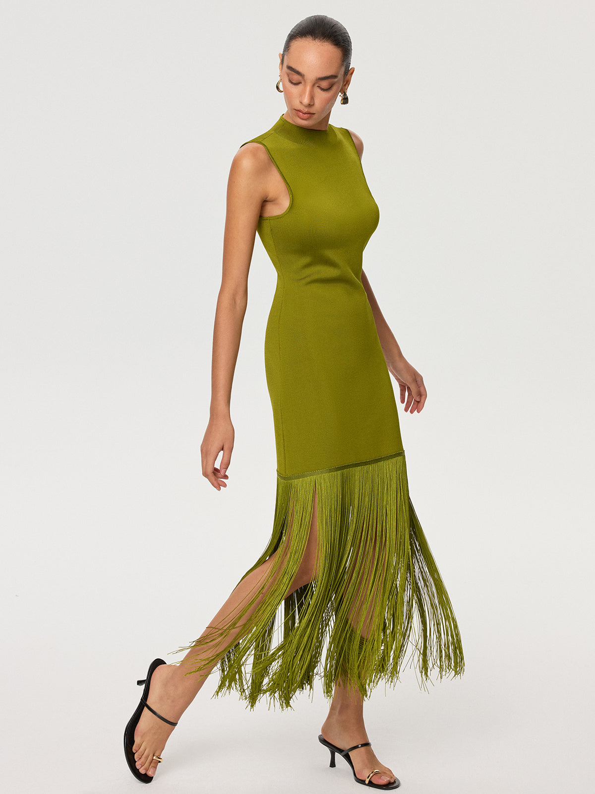 Fringe Hem Tencel Sleeveless Maxi Dress