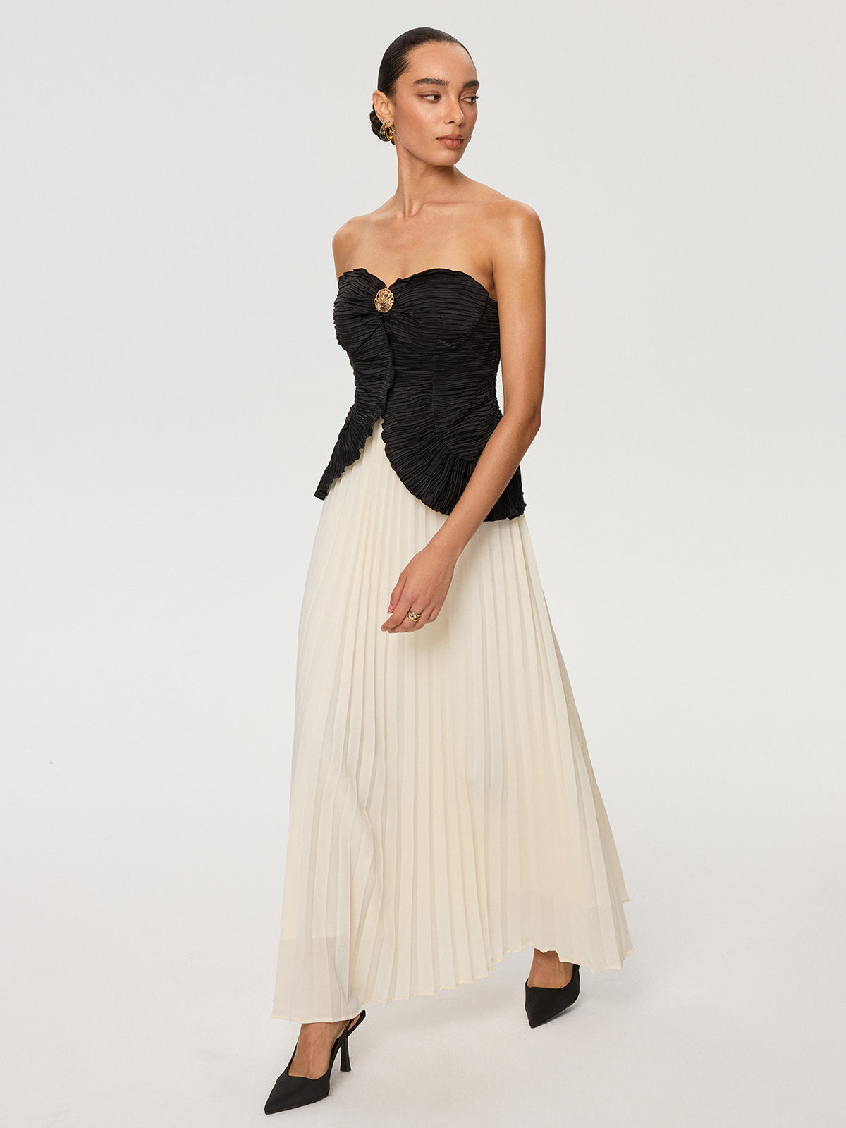 Maxikleid aus Chiffon mit Falten, schulterfrei, Color-Block-Design