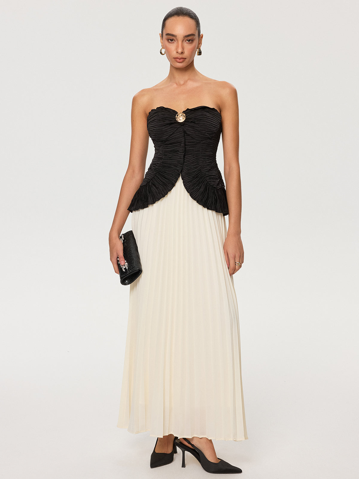 Maxikleid aus Chiffon mit Falten, schulterfrei, Color-Block-Design