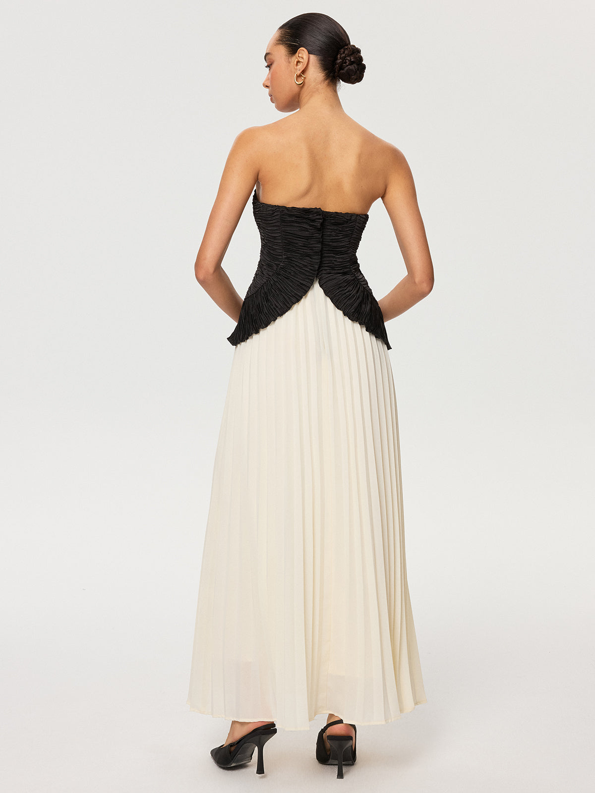 Maxikleid aus Chiffon mit Falten, schulterfrei, Color-Block-Design