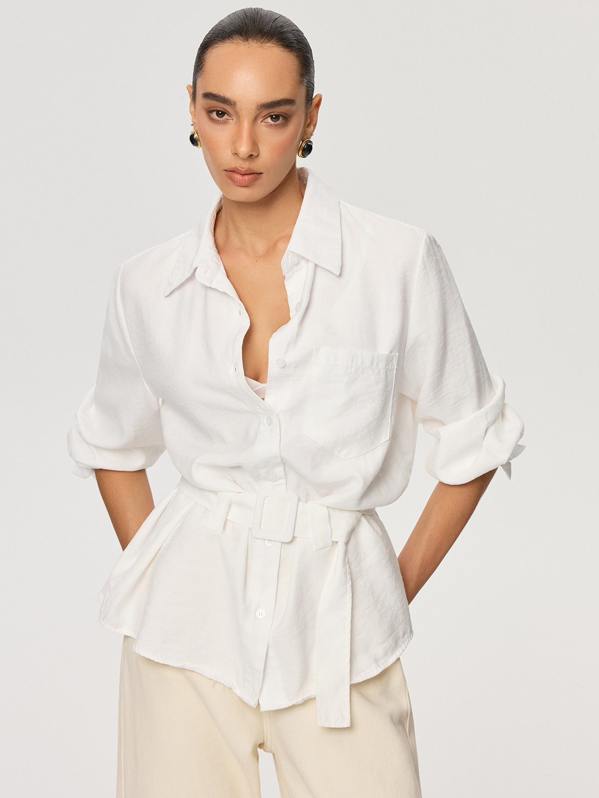 Long Sleeve Belted Cotton Shirt