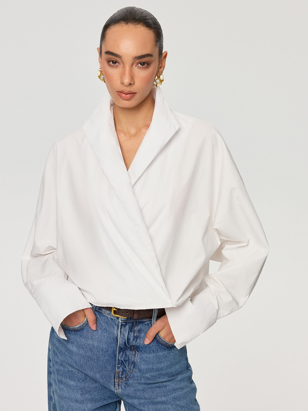 Cropped Stand Collar Cotton Shirt